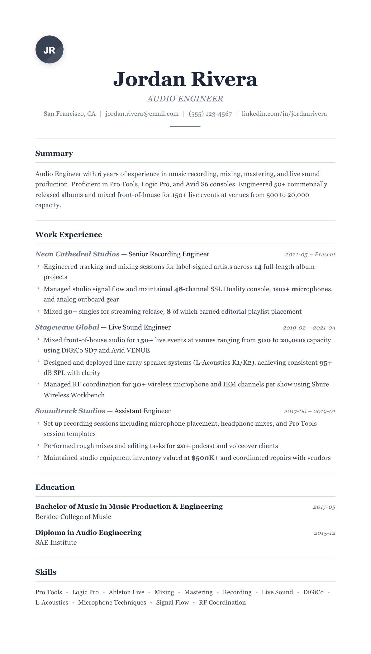 Audio Engineer resume example, Classic template