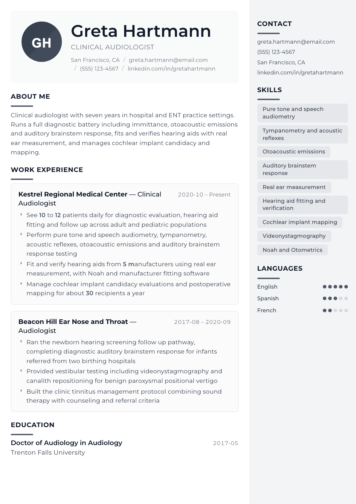 Audiologist resume example, Metropolitan template