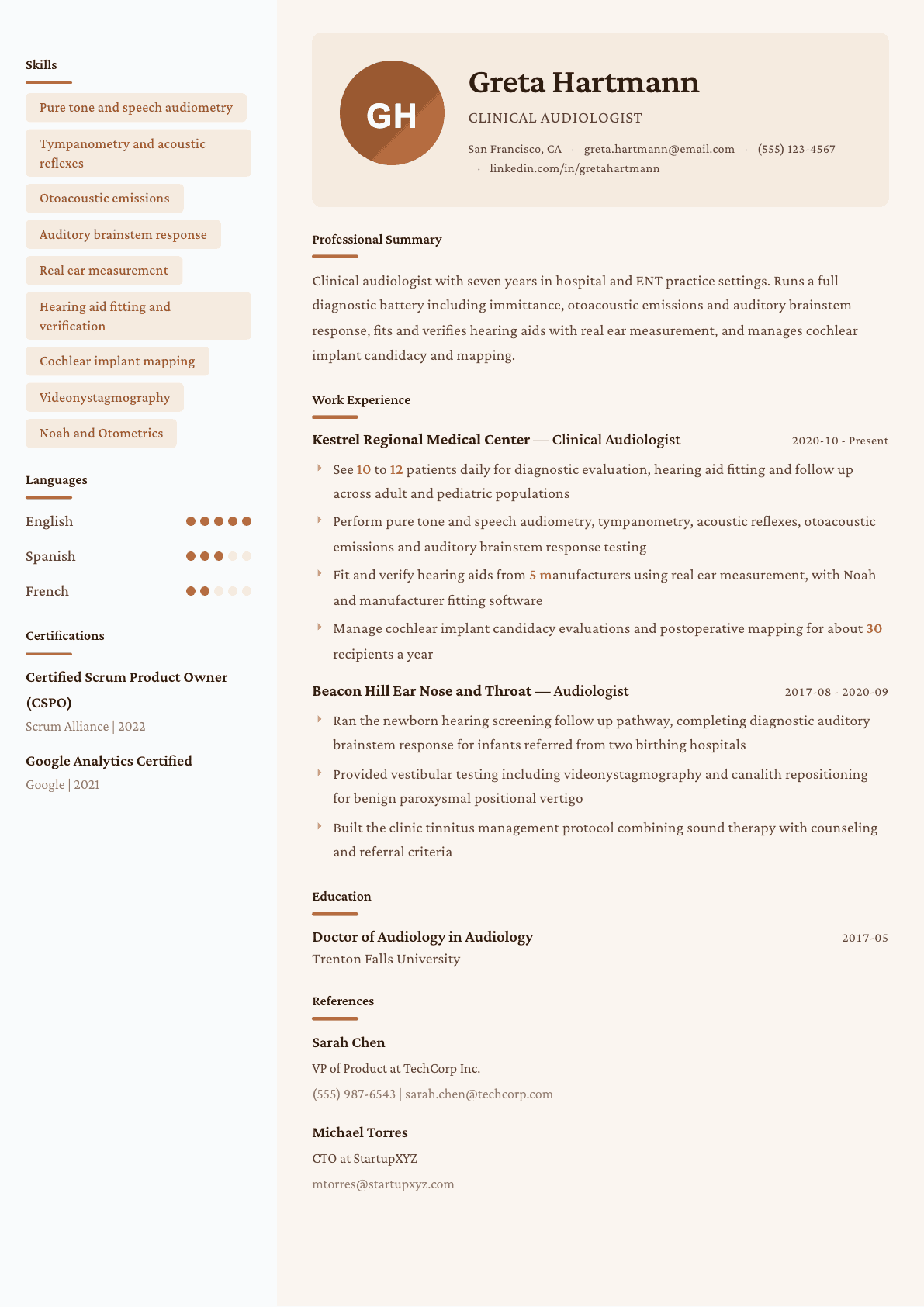 Audiologist resume example, Lisbon template