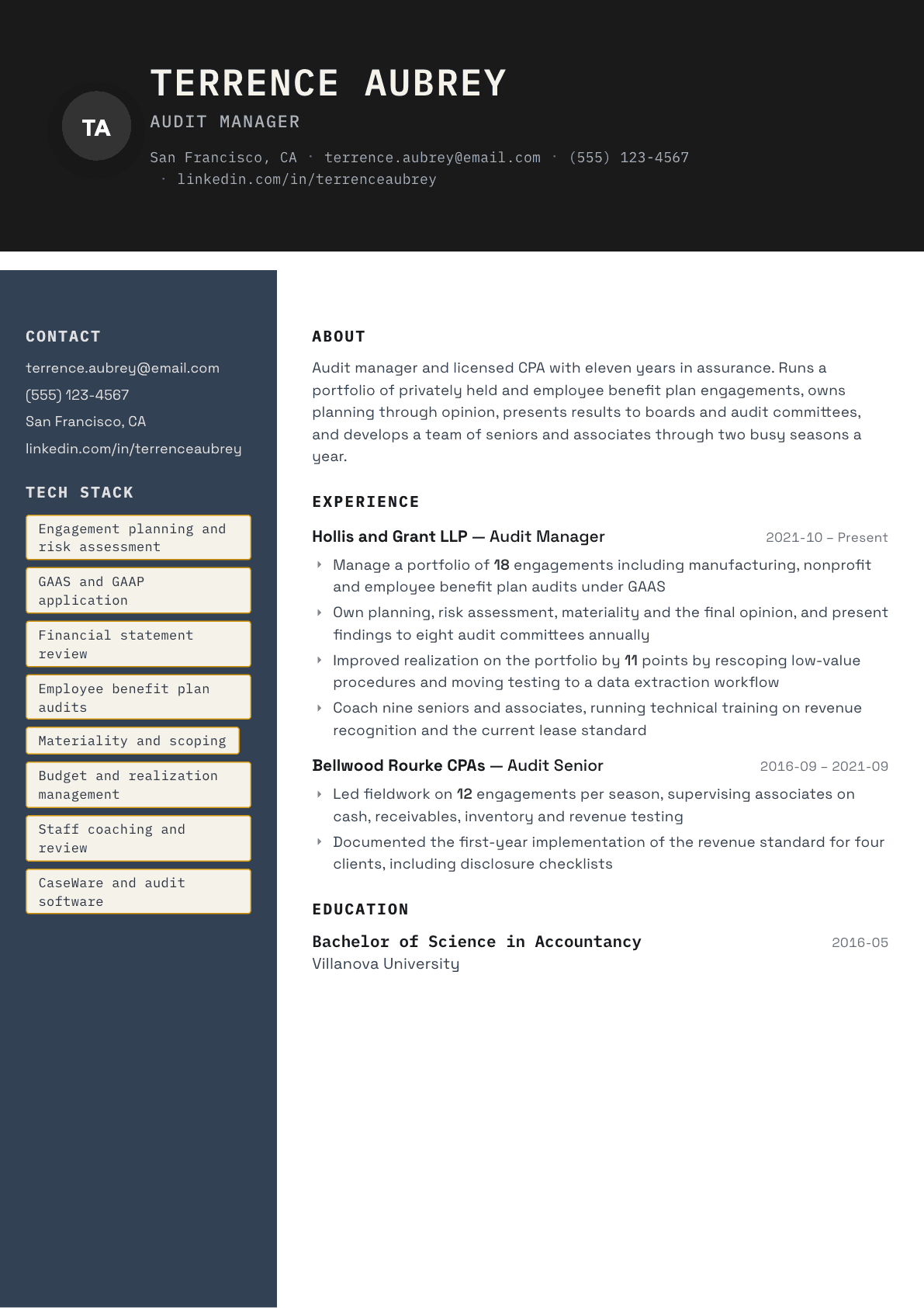 Audit Manager resume example, Codebase template
