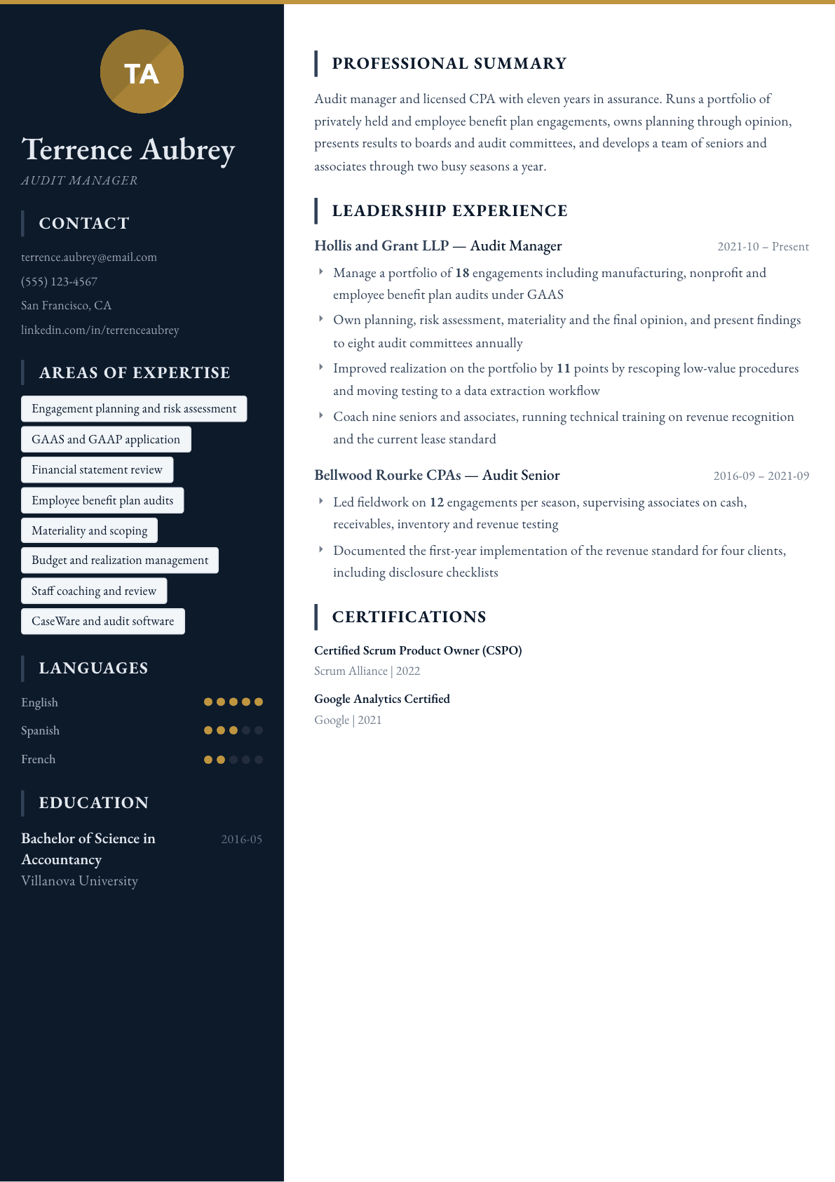 Audit Manager resume example, Presidio template