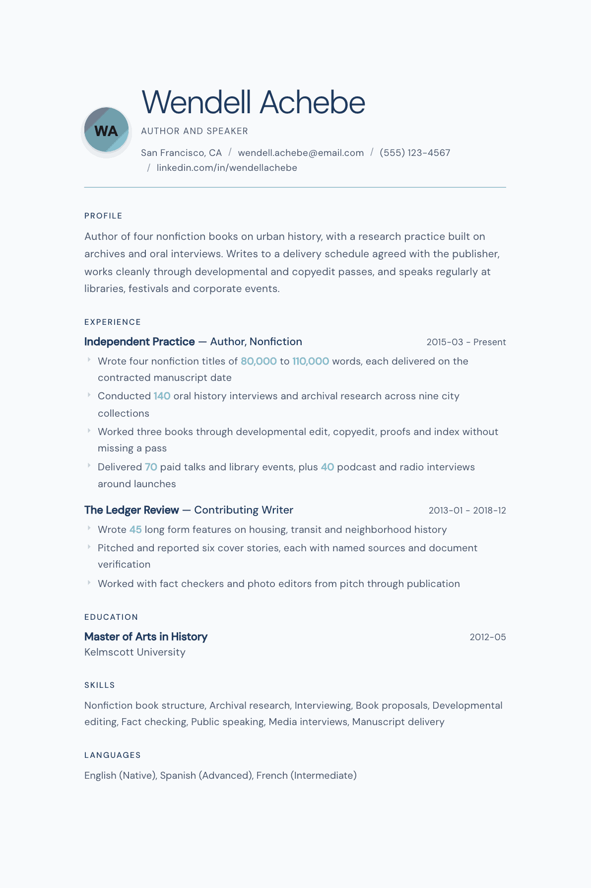 Author resume example, Nordic Frost template