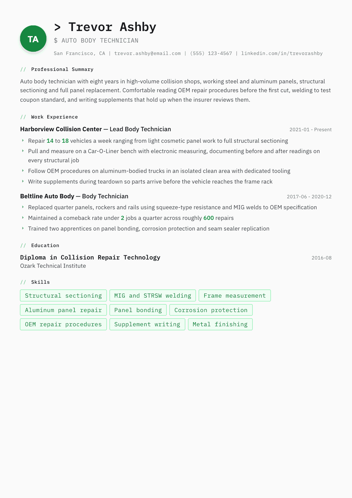 Auto Body Technician resume example, Amsterdam template