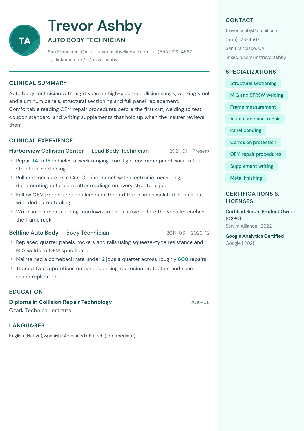 Auto Body Technician resume example, Remedy template