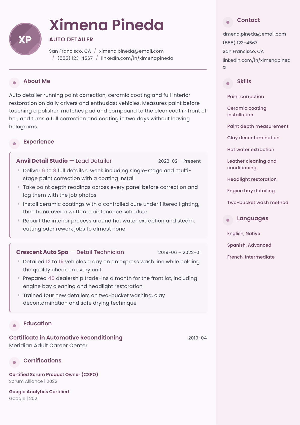 Auto Detailer resume example, Bloom template