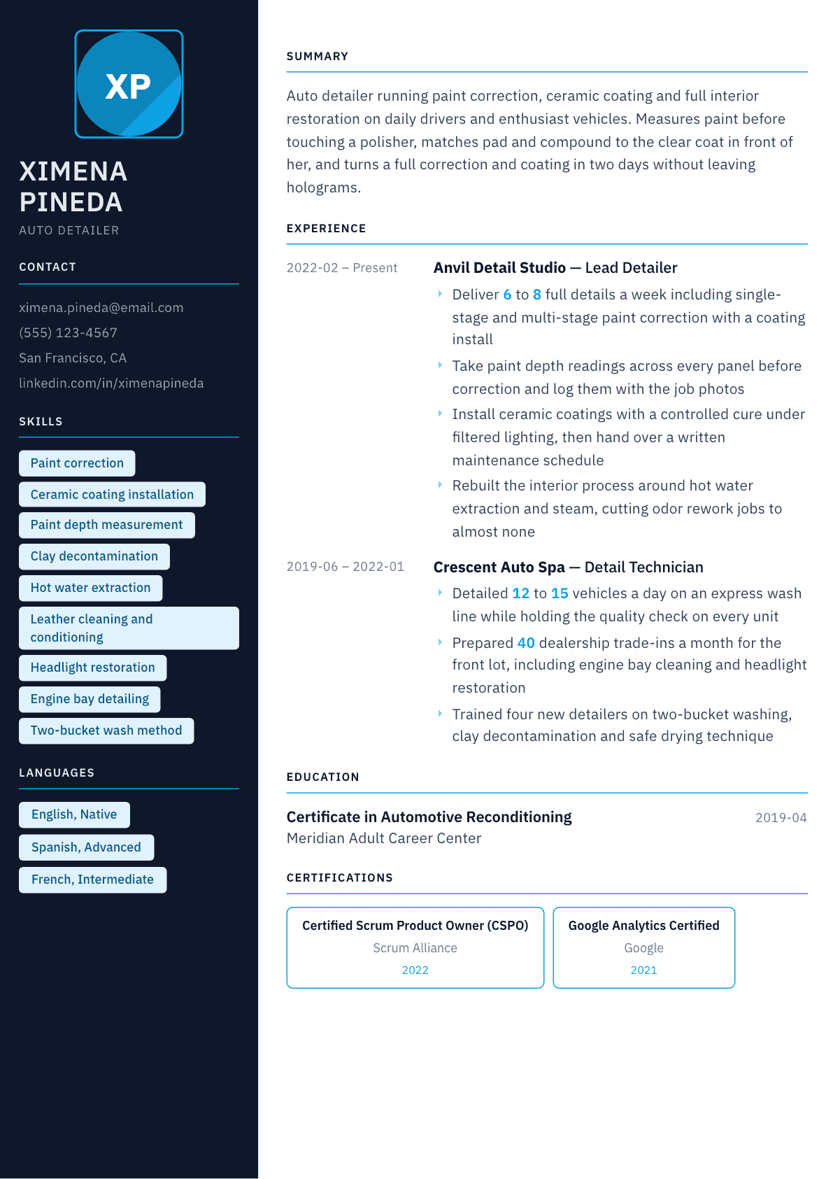 Auto Detailer resume example, Everest template