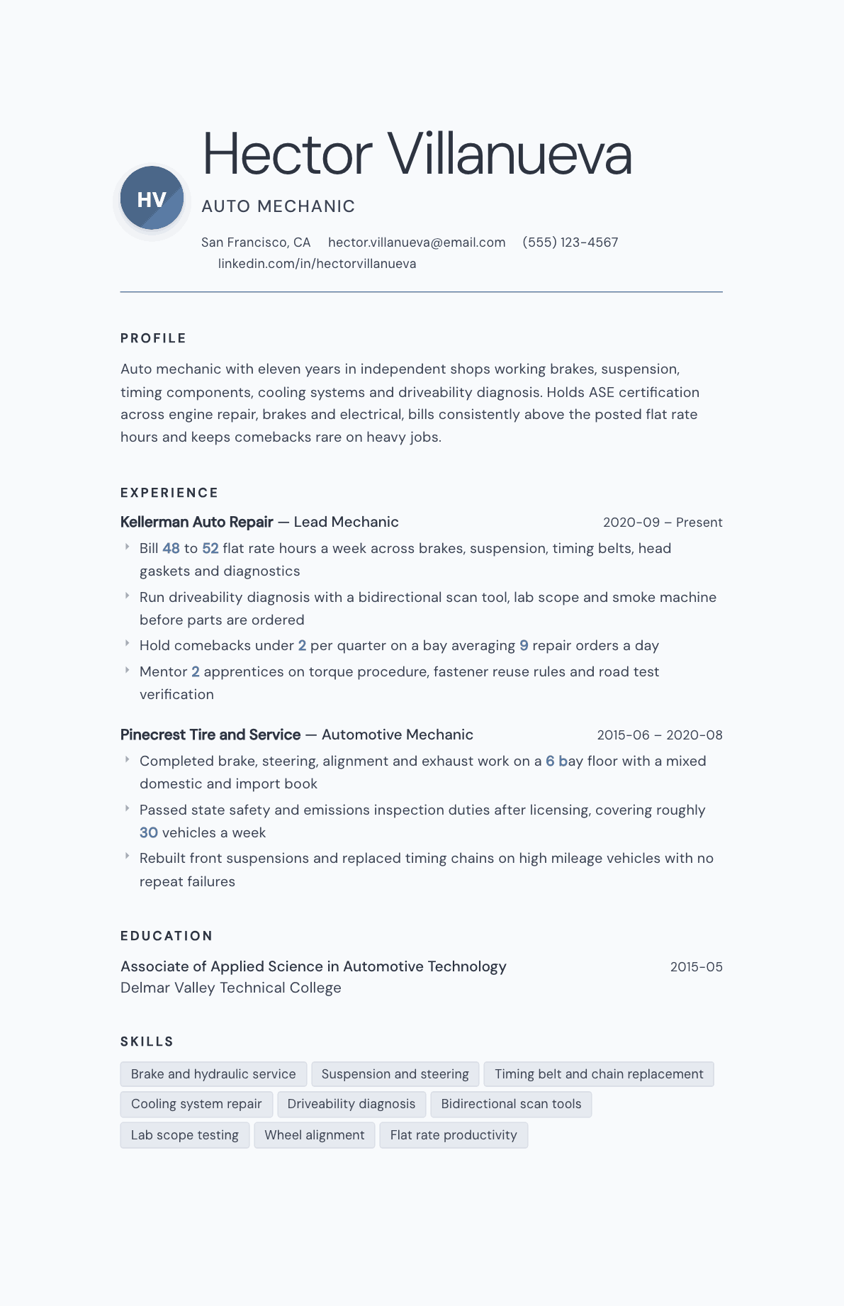 Auto Mechanic resume example, Nordic template