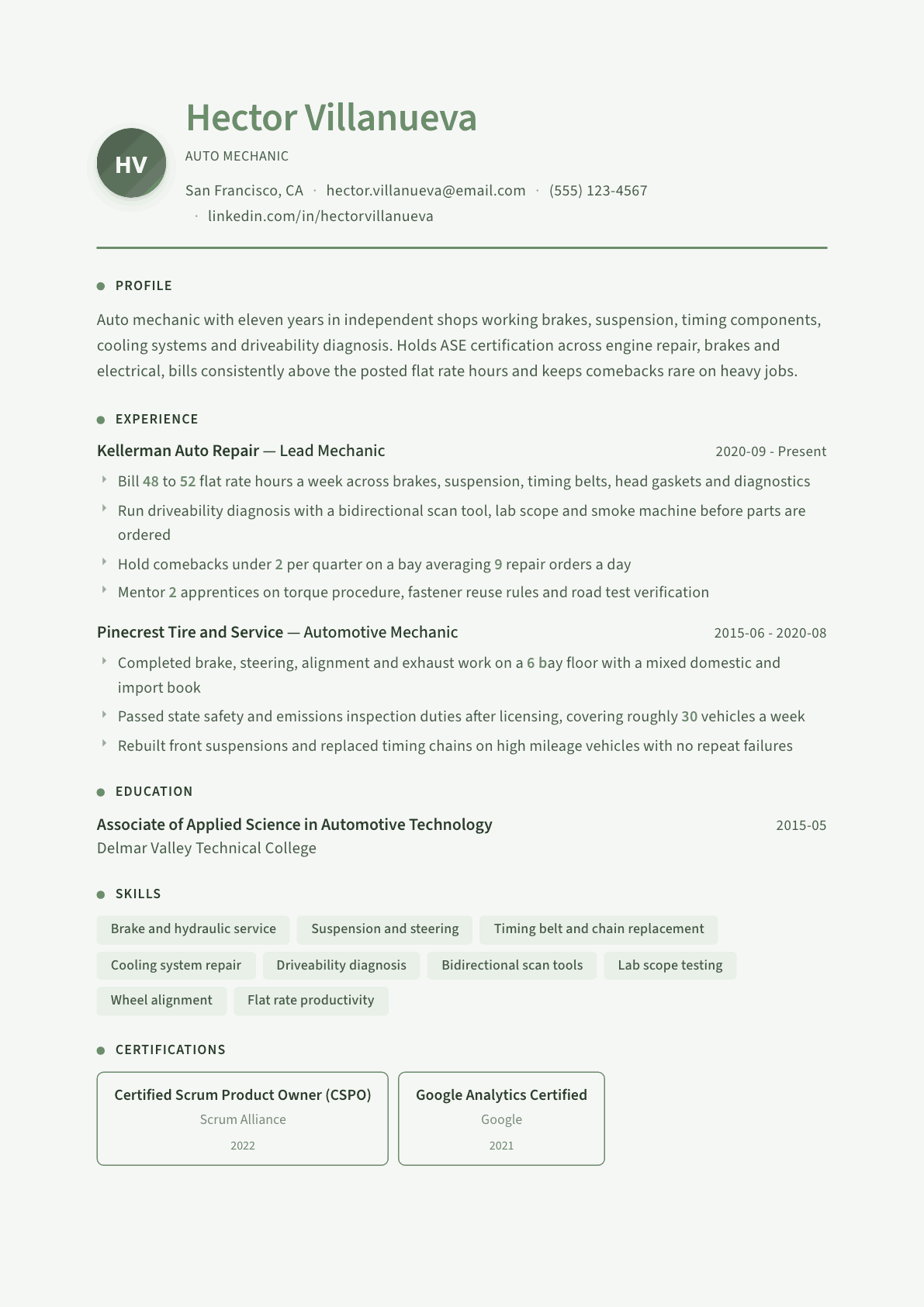 Auto Mechanic resume example, Sage Garden template
