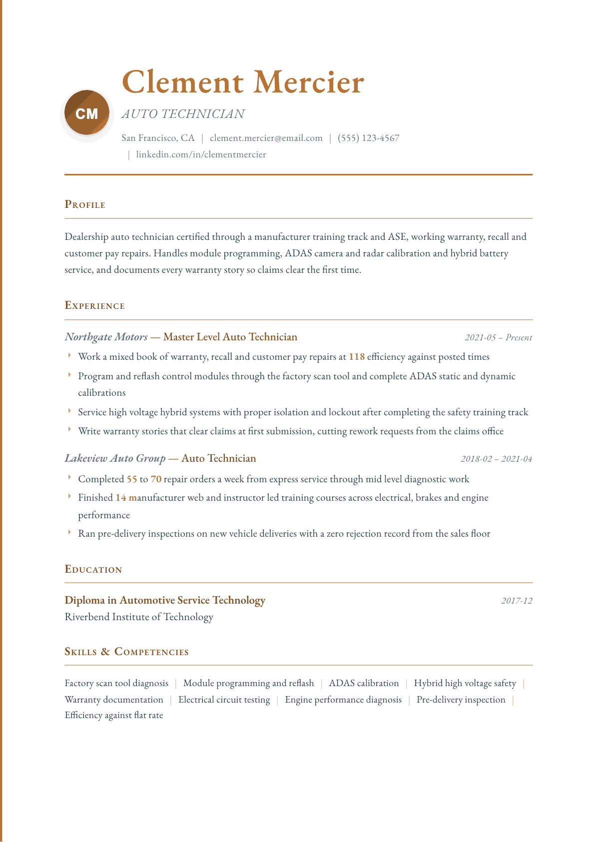 Auto Technician resume example, Timeless template