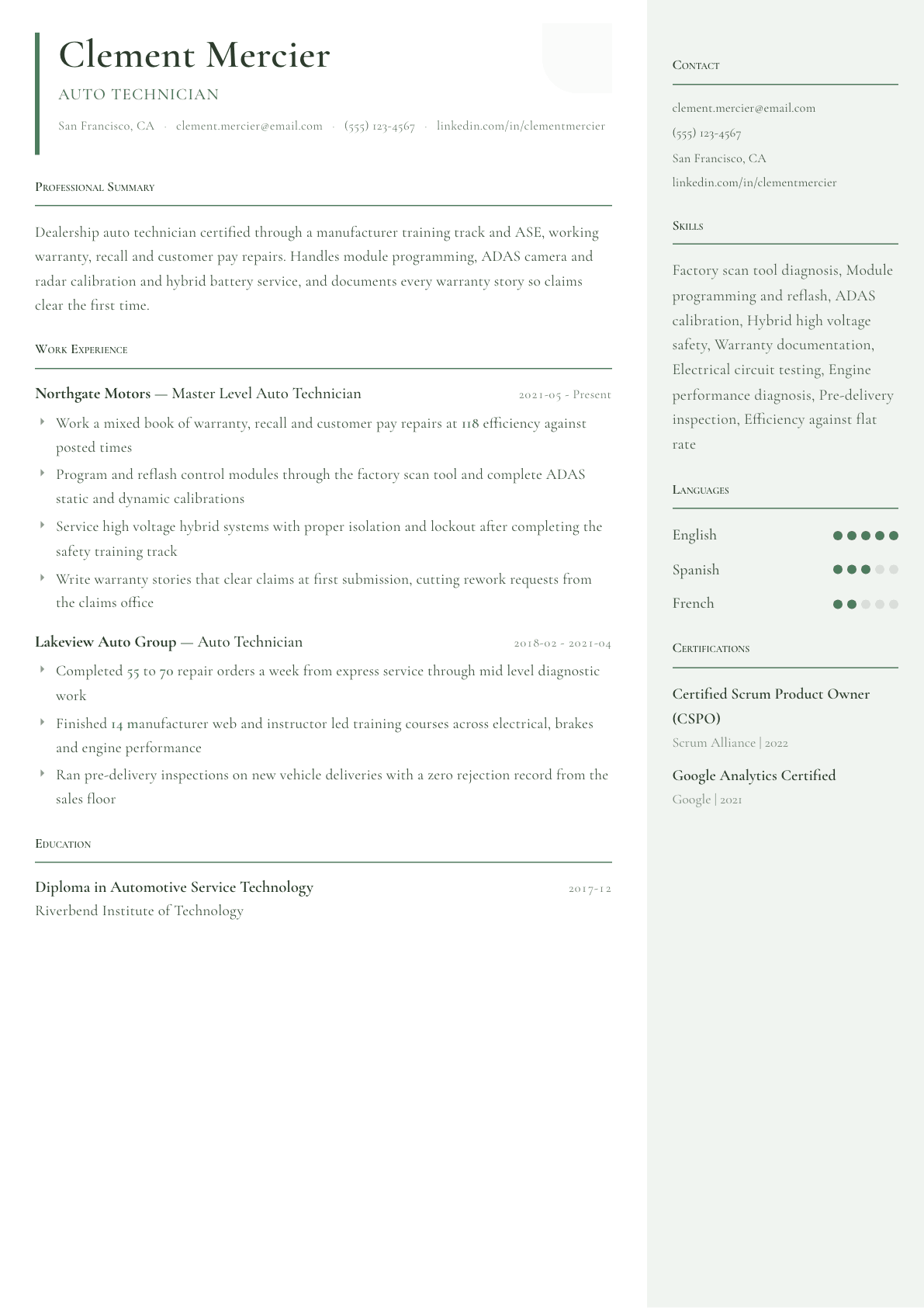 Auto Technician resume example, Copenhagen template