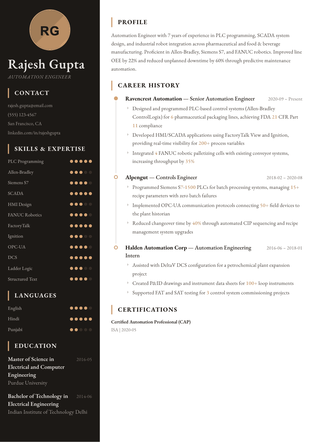 Automation Engineer resume example, Heritage template