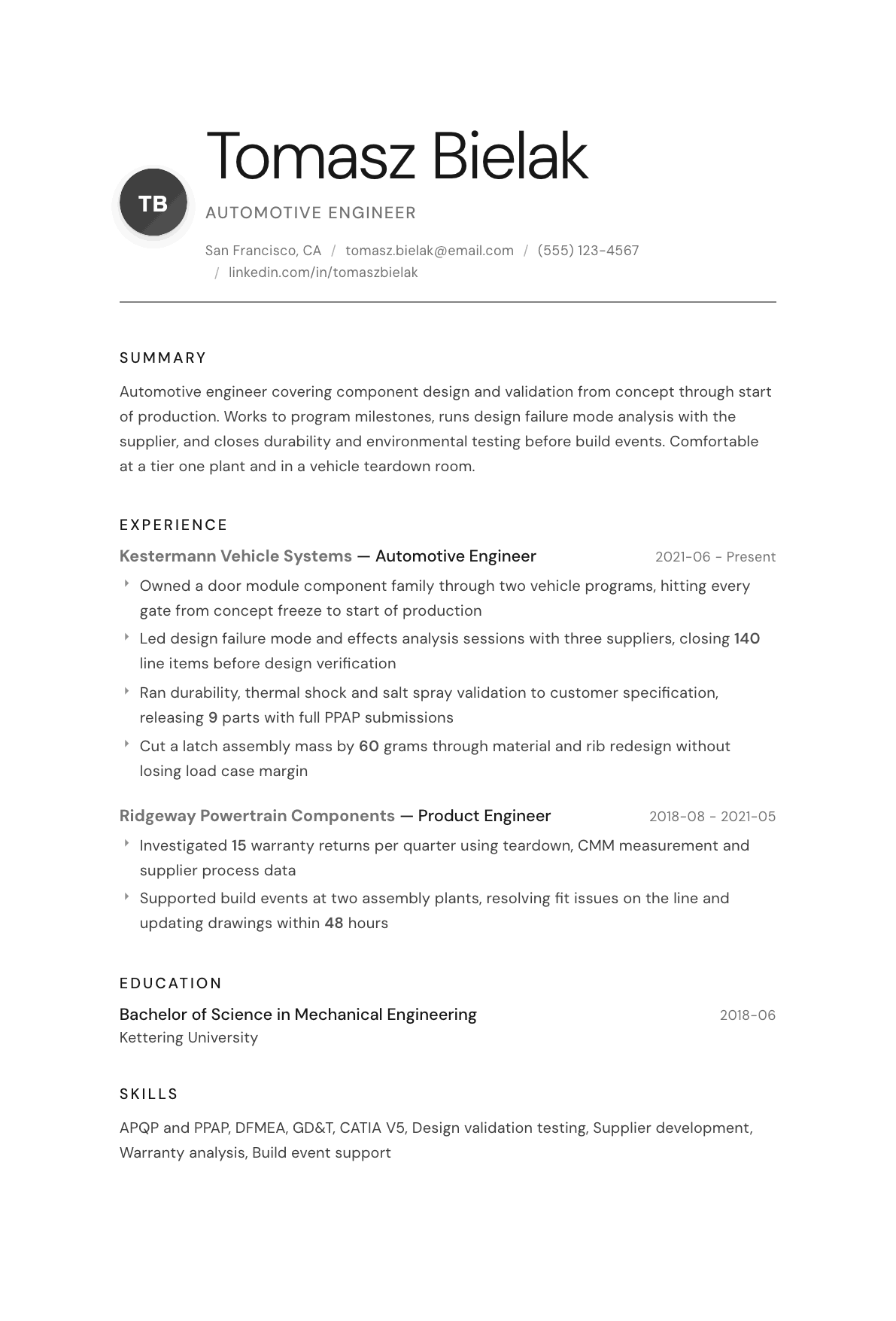 Automotive Engineer resume example, Whisper template