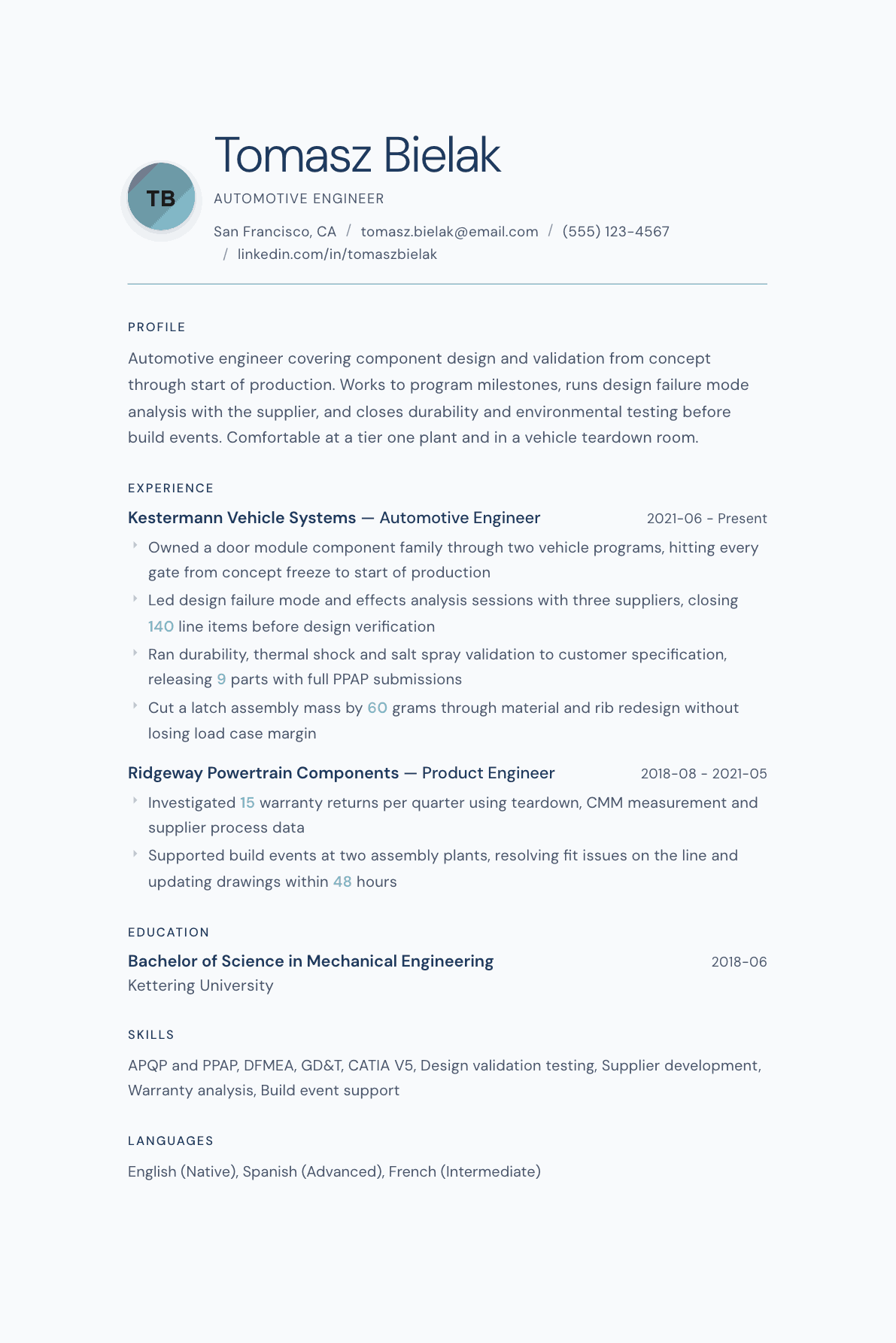 Automotive Engineer resume example, Nordic Frost template