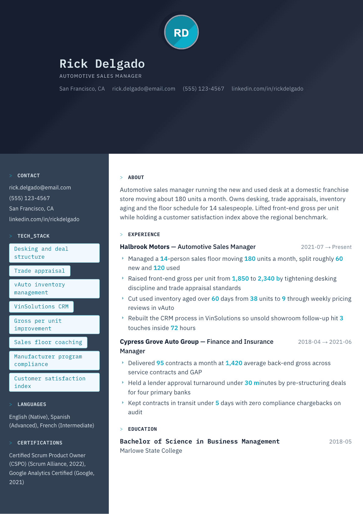 Automotive Sales Manager resume example, Code Terminal template