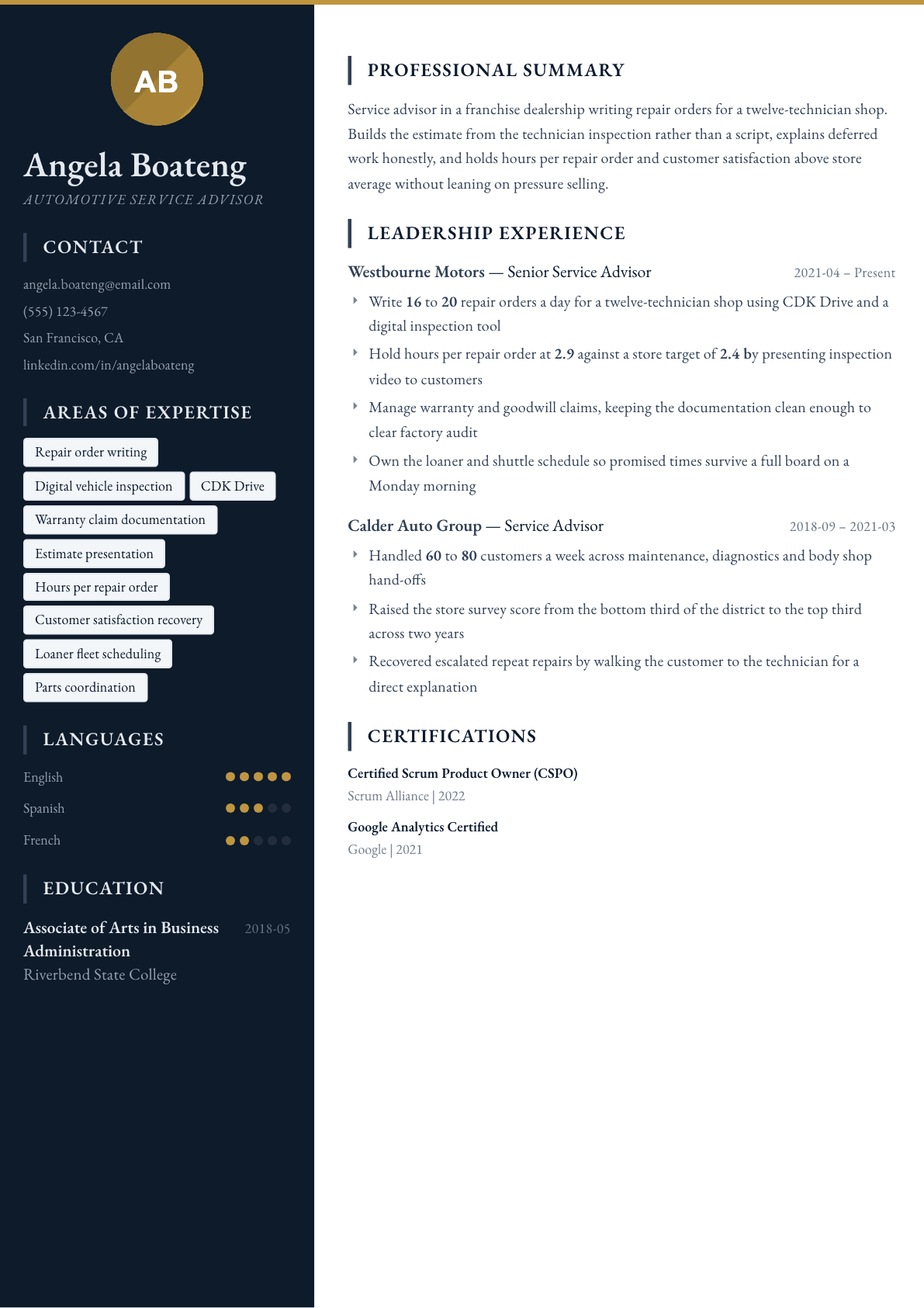 Automotive Service Advisor resume example, Presidio template