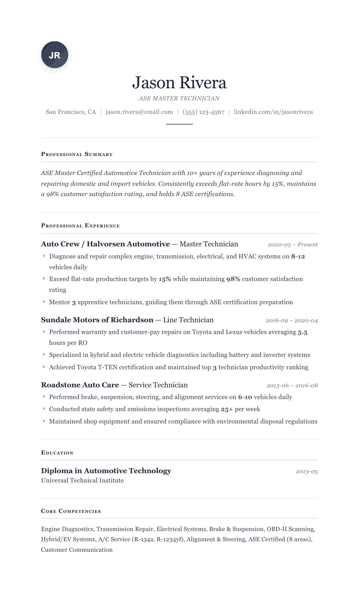 Automotive Technician resume example, Cornerstone template