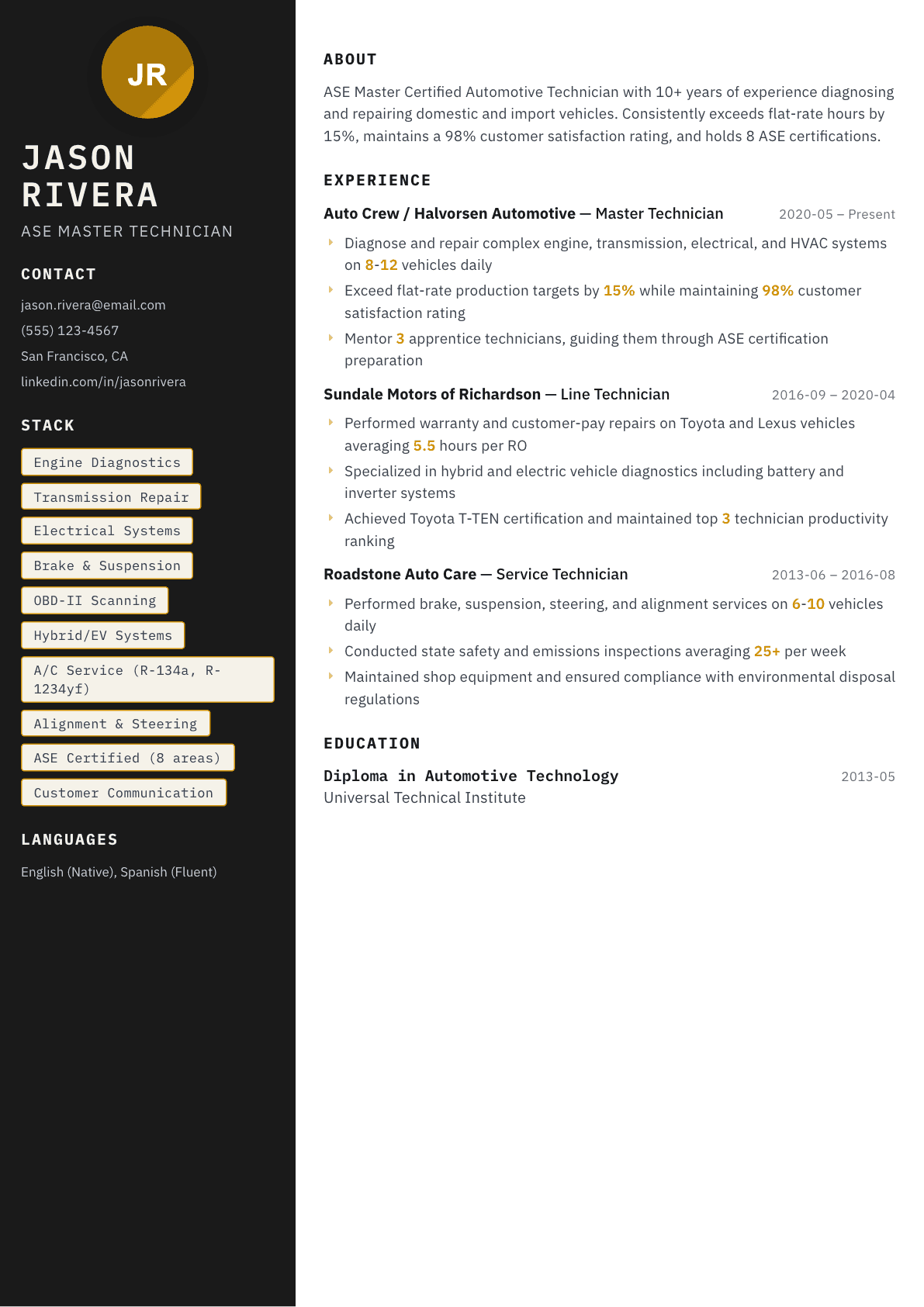 Automotive Technician resume example, Neon template