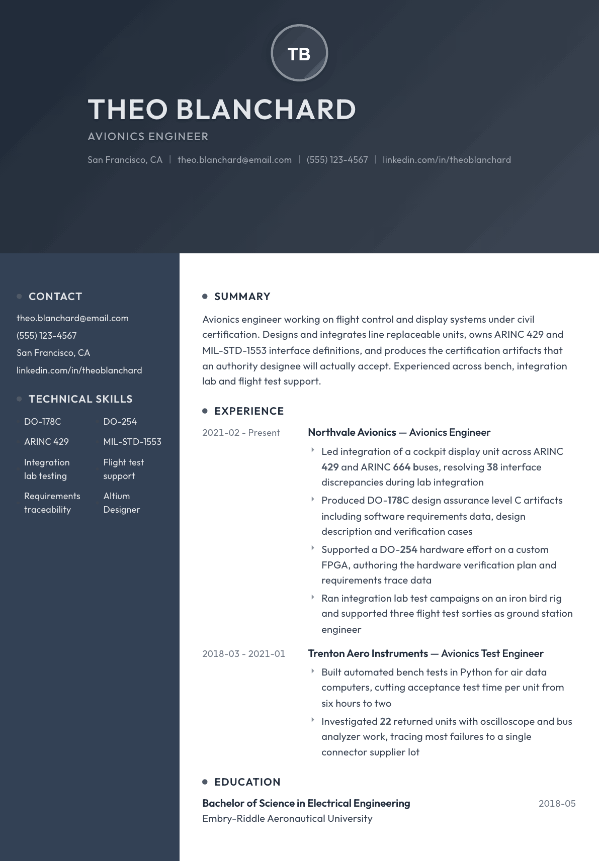 Avionics Engineer resume example, Binary template