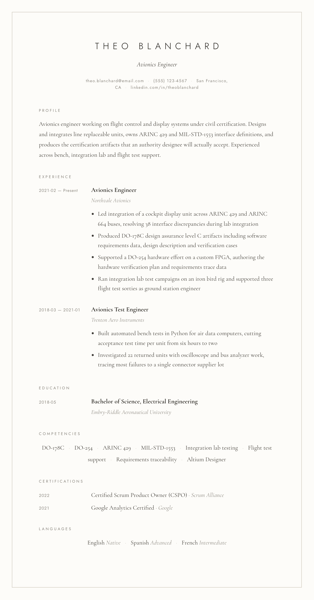 Avionics Engineer resume example, Vellum template