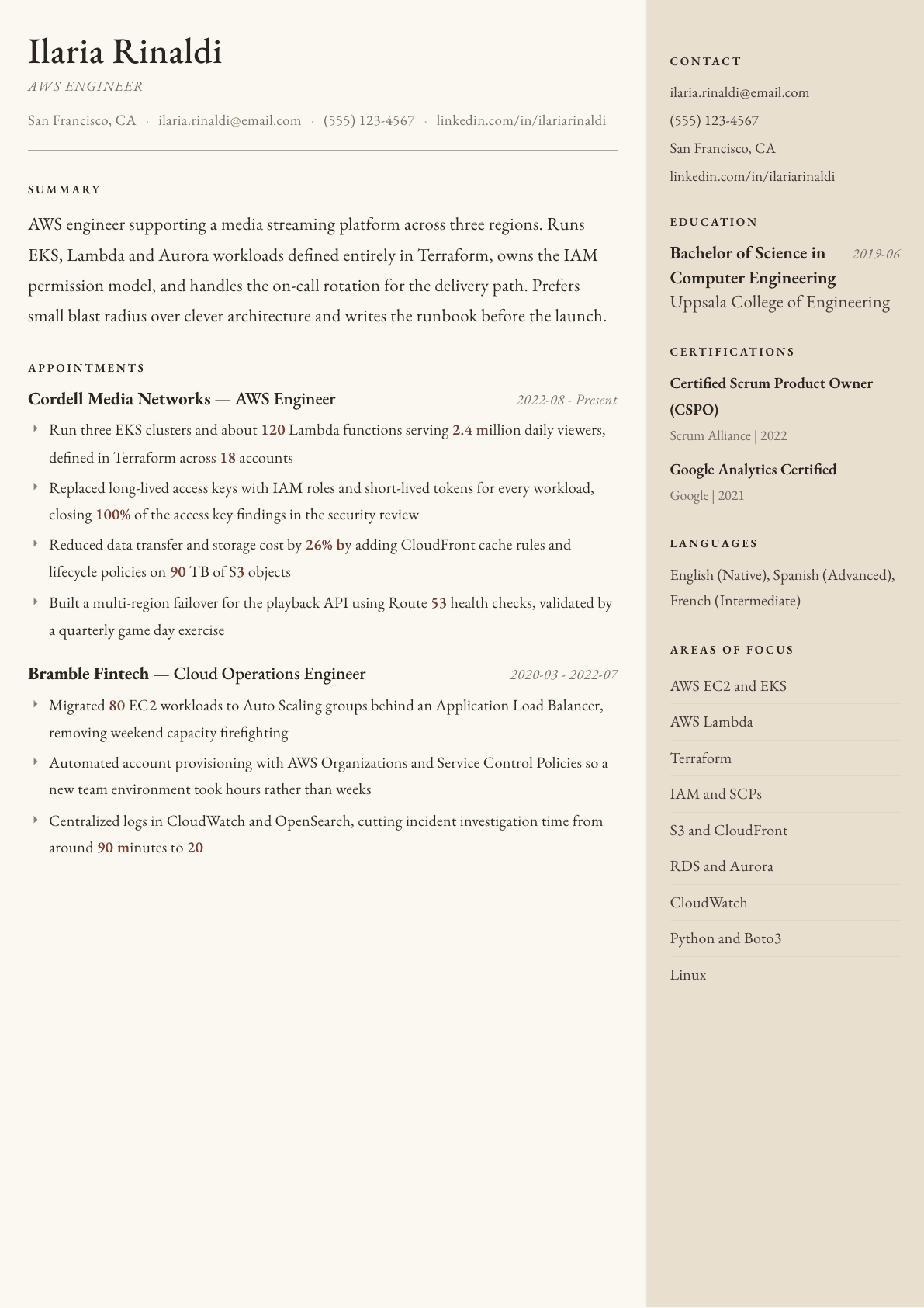 AWS Engineer resume example, Manuscript template