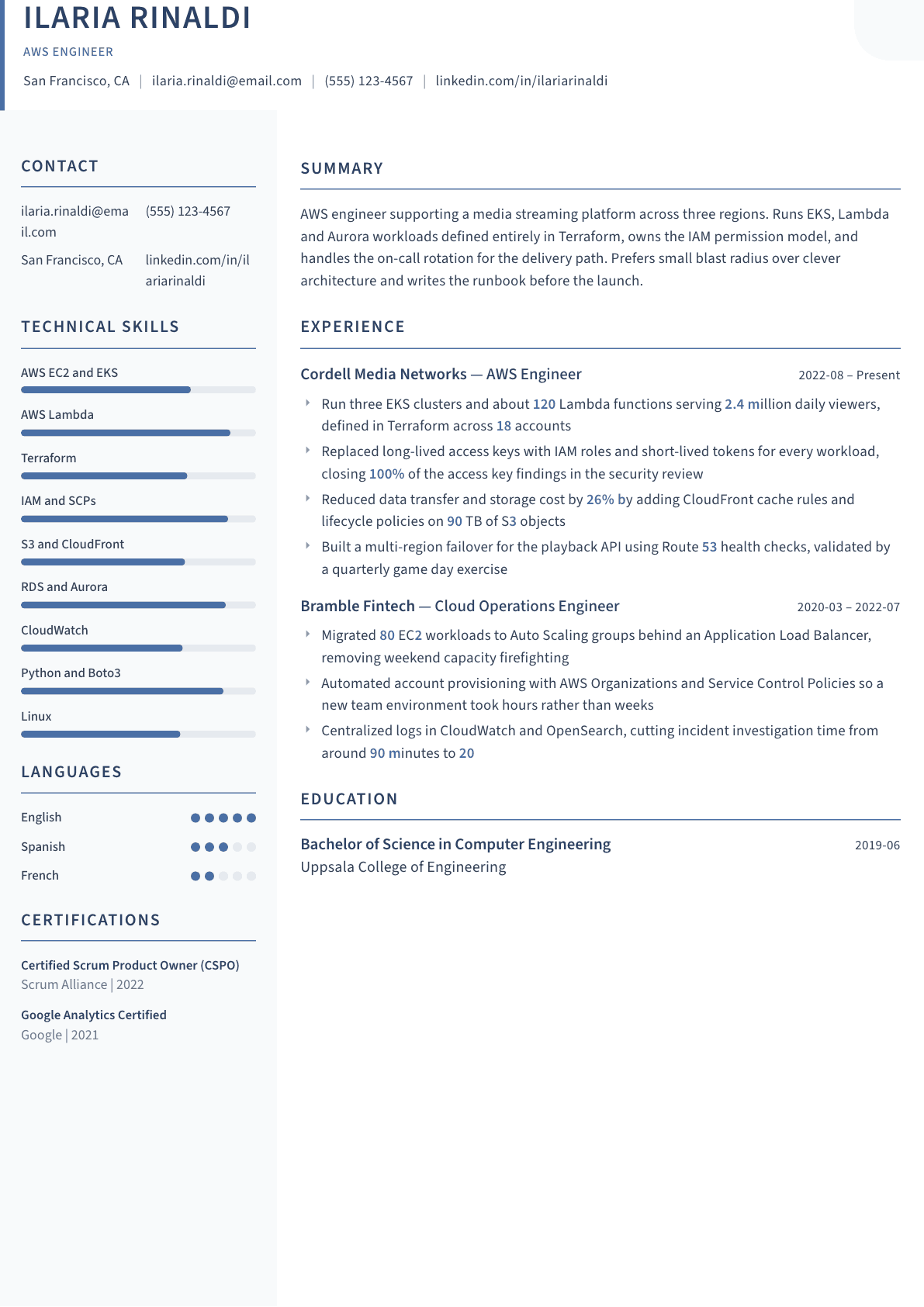 AWS Engineer resume example, Summit template