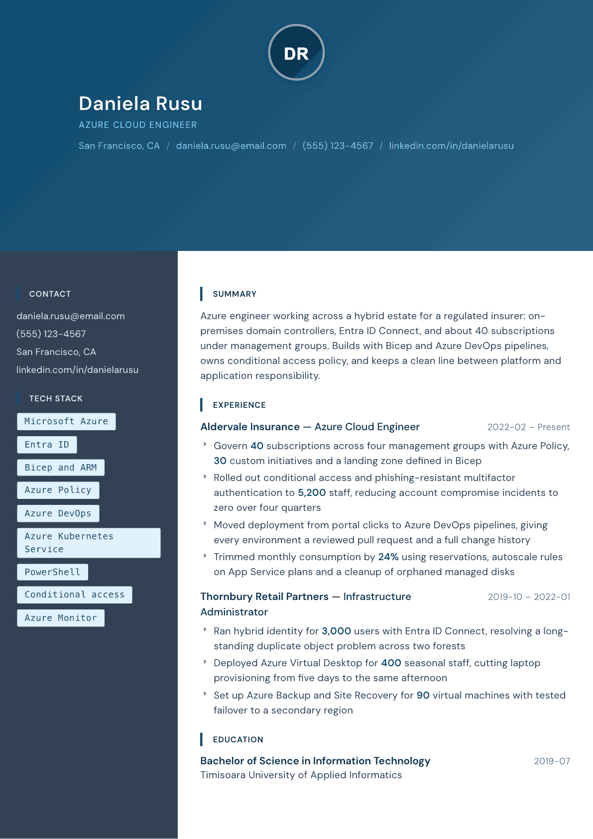Azure Engineer resume example, Prism template