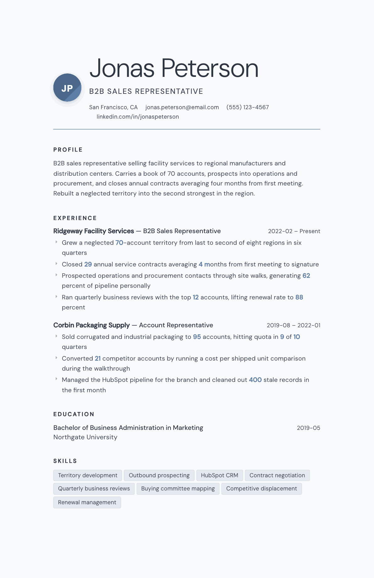 B2B Sales Representative resume example, Nordic template