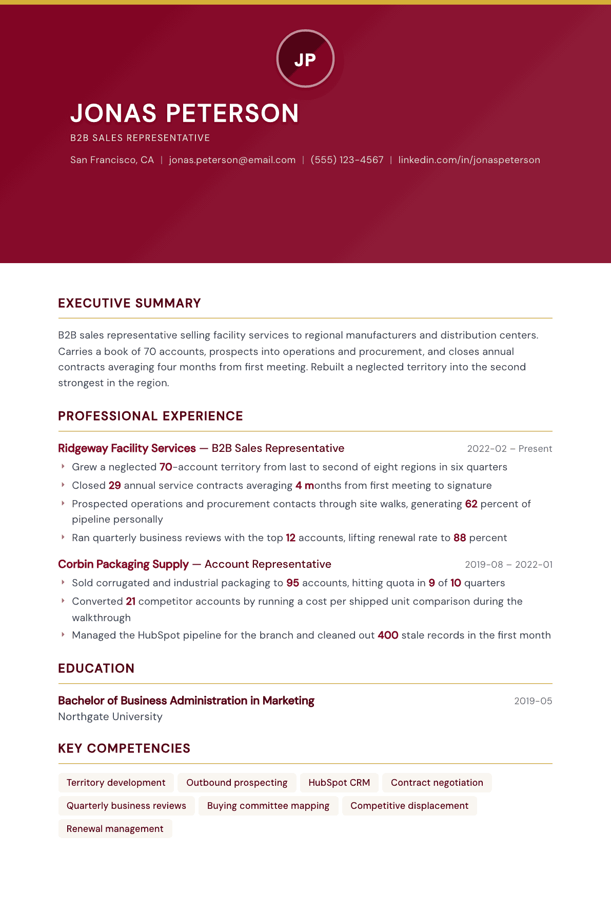 B2B Sales Representative resume example, Viceroy template