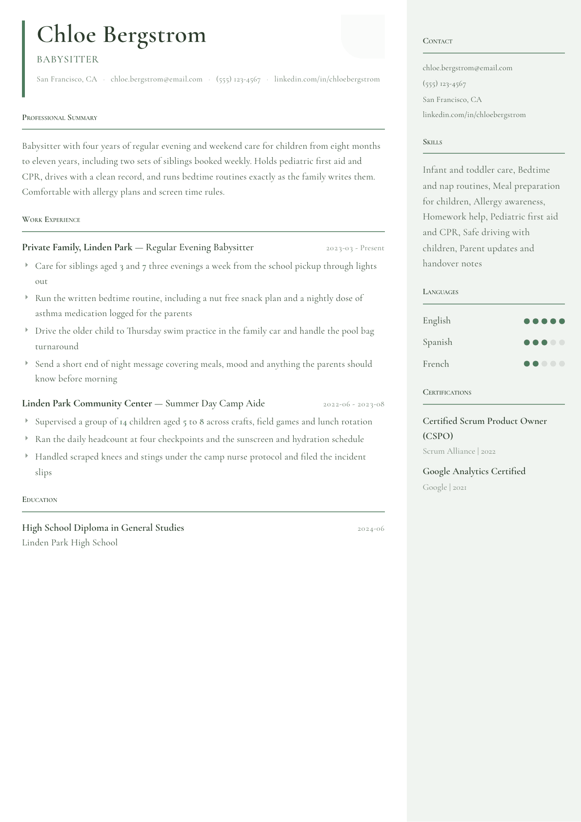 Babysitter resume example, Copenhagen template