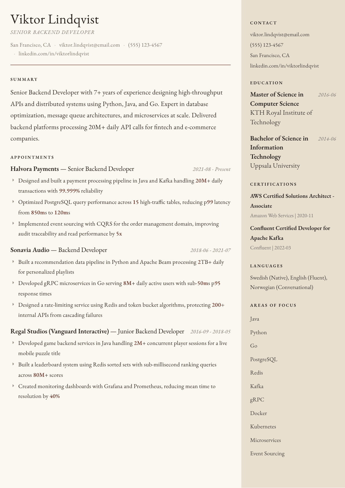Backend Developer resume example, Manuscript template