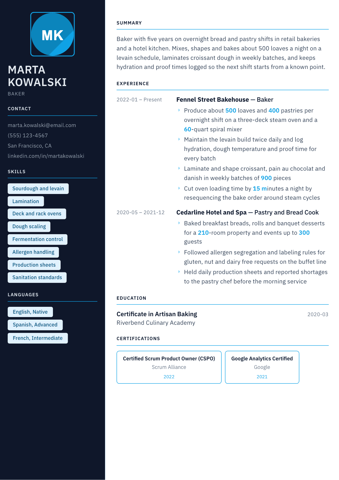 Baker resume example, Everest template