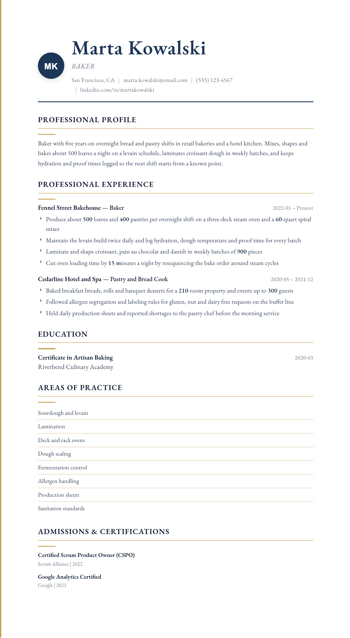 Baker resume example, Folio template