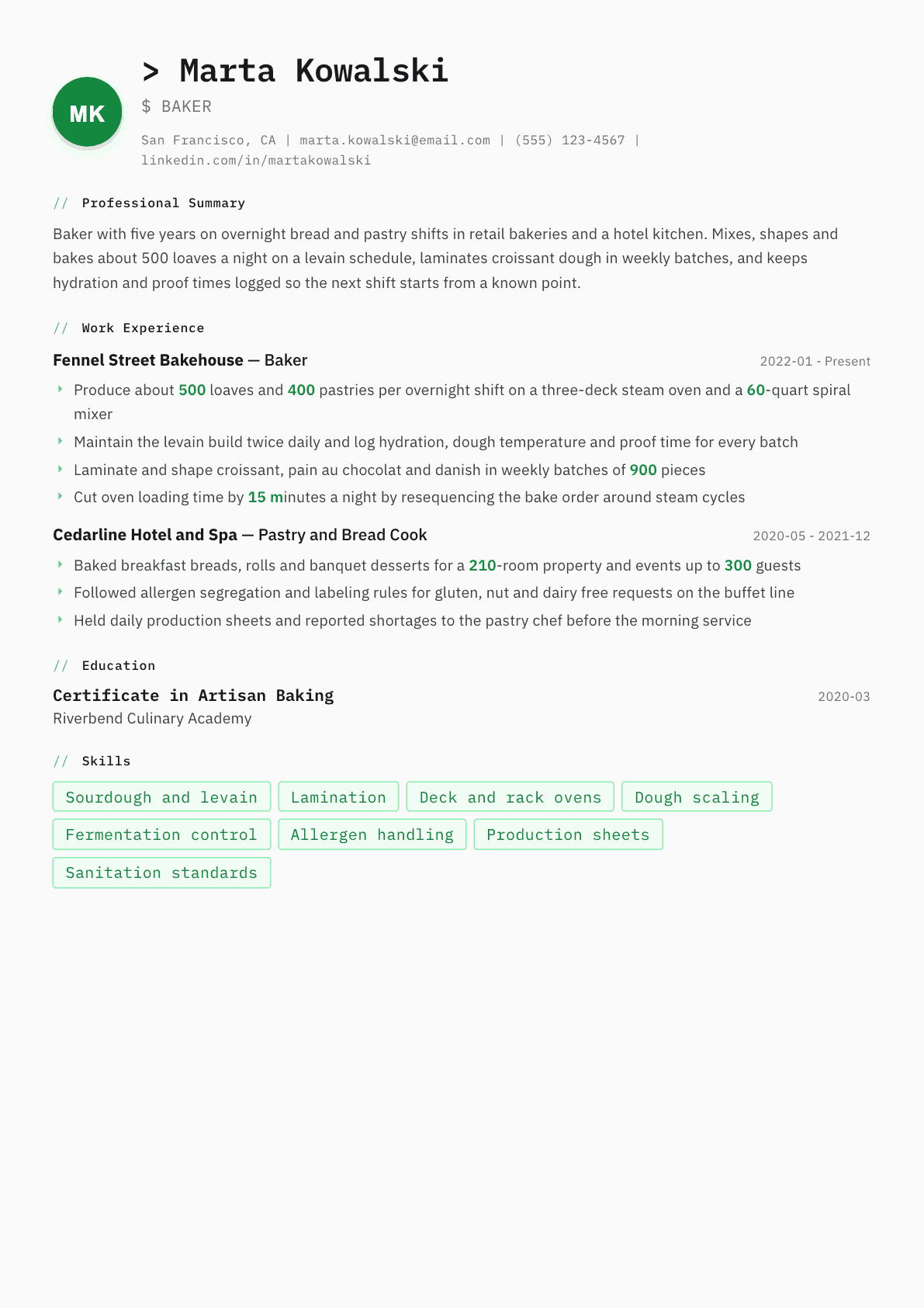 Baker resume example, Amsterdam template