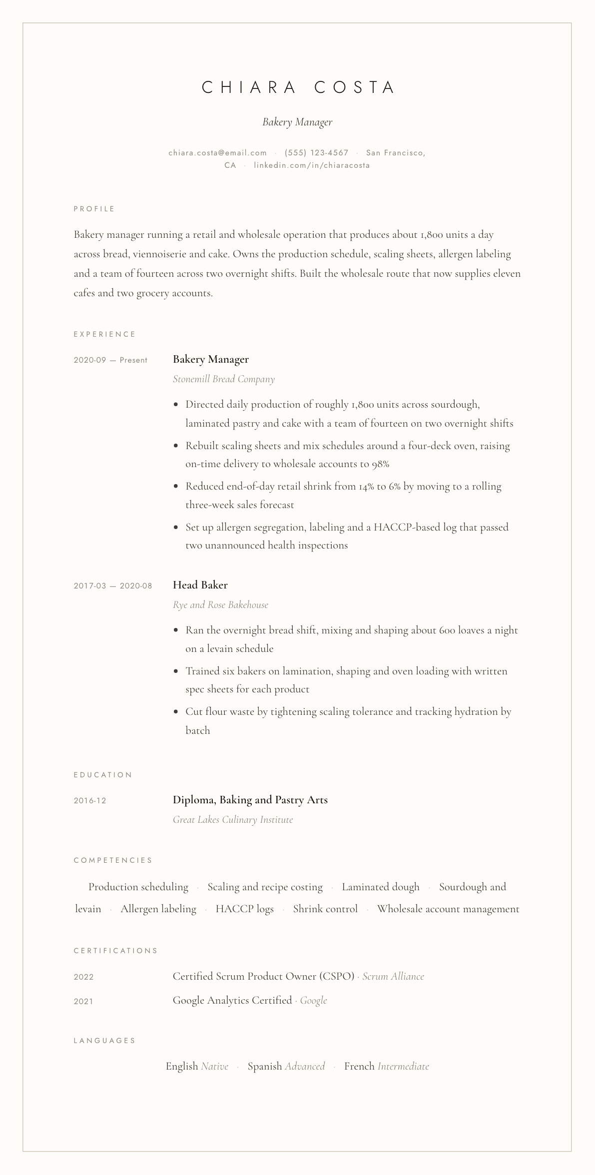 Bakery Manager resume example, Vellum template