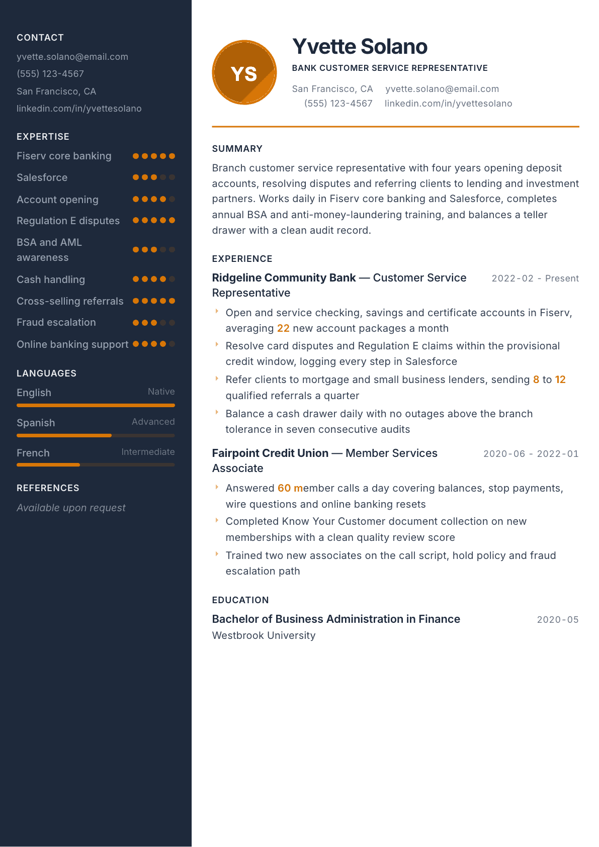 Bank Customer Service Representative resume example, Copper & Slate template