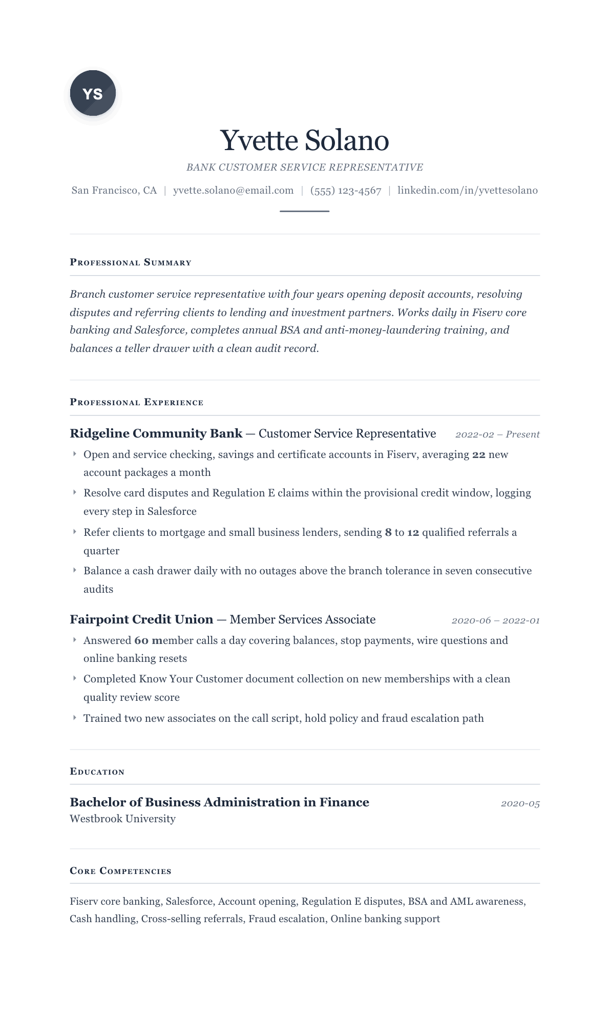 Bank Customer Service Representative resume example, Cornerstone template