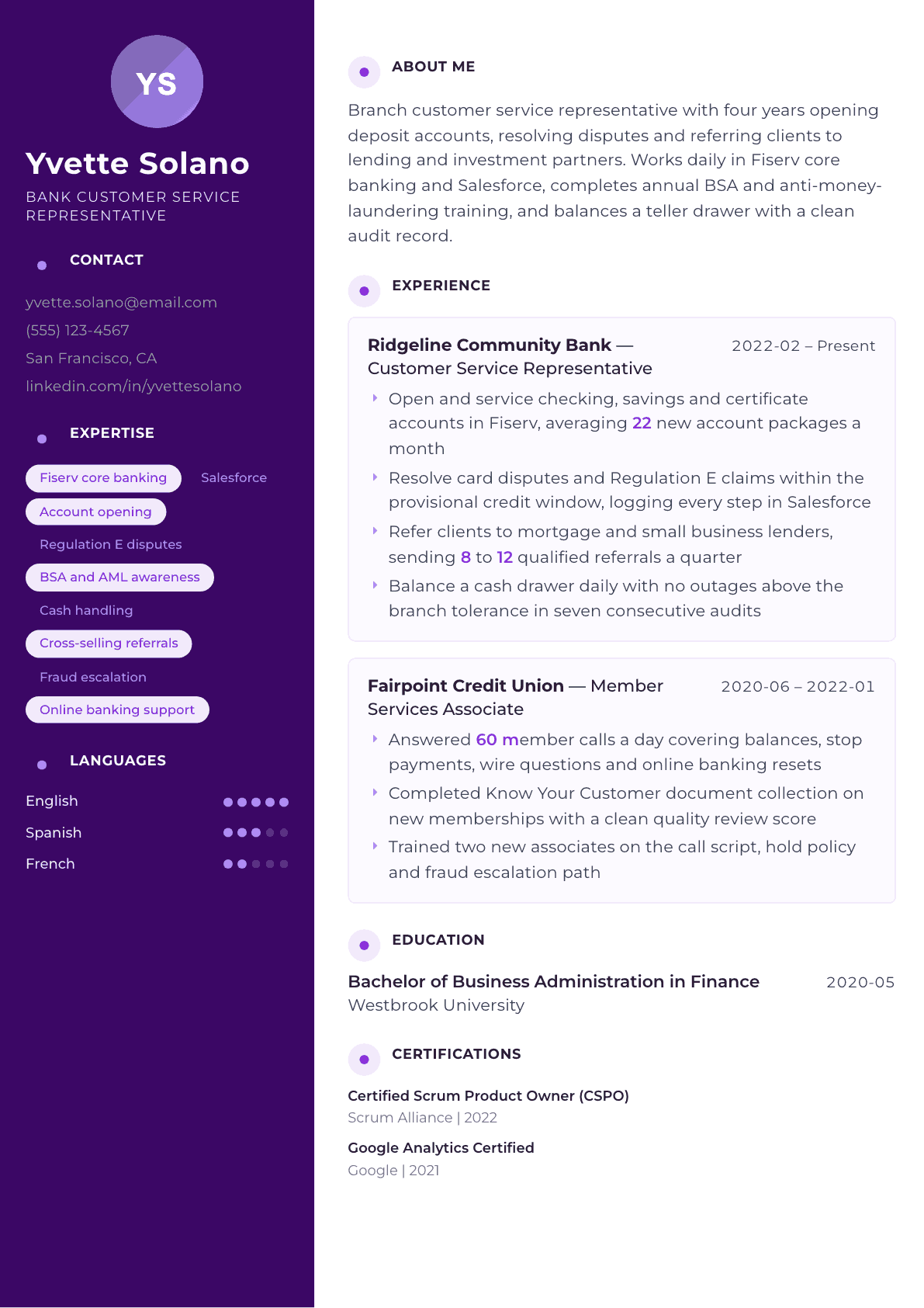 Bank Customer Service Representative resume example, Palette template