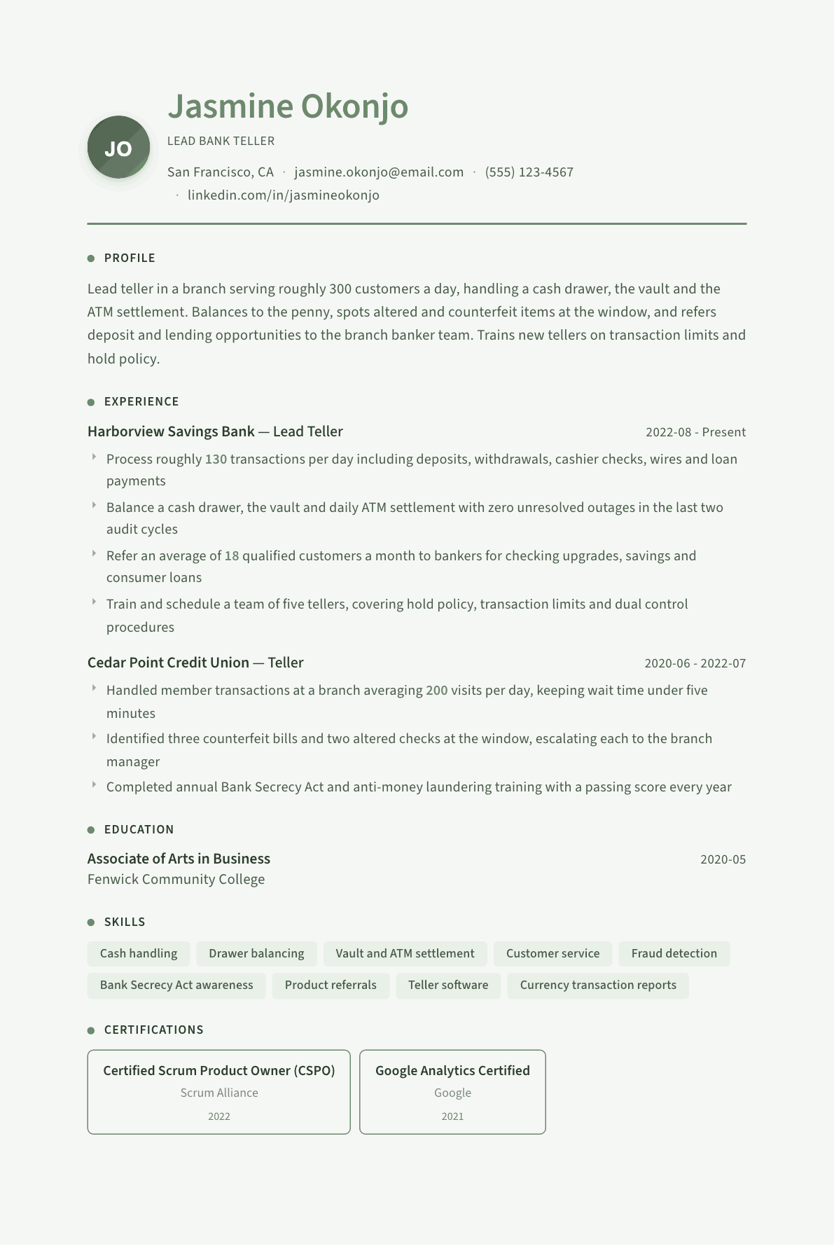 Bank Teller resume example, Sage Garden template