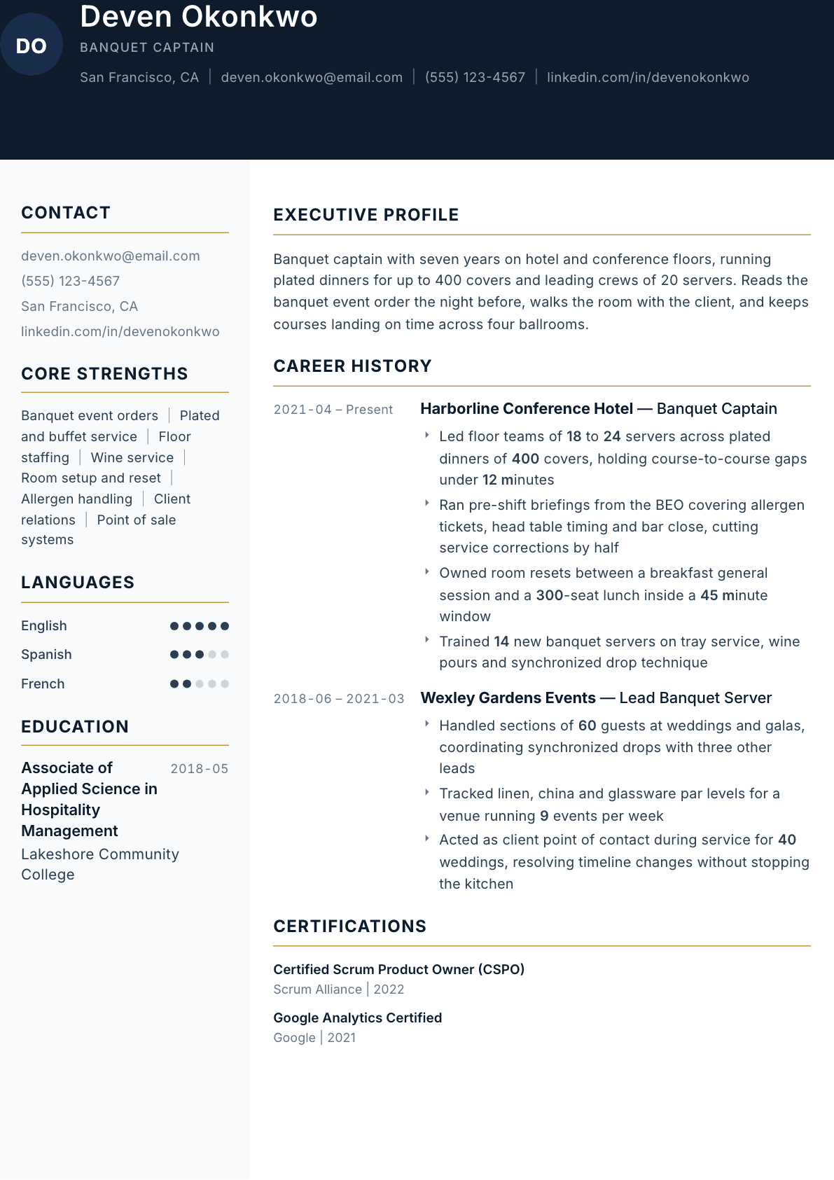 Banquet Captain resume example, Consulate template
