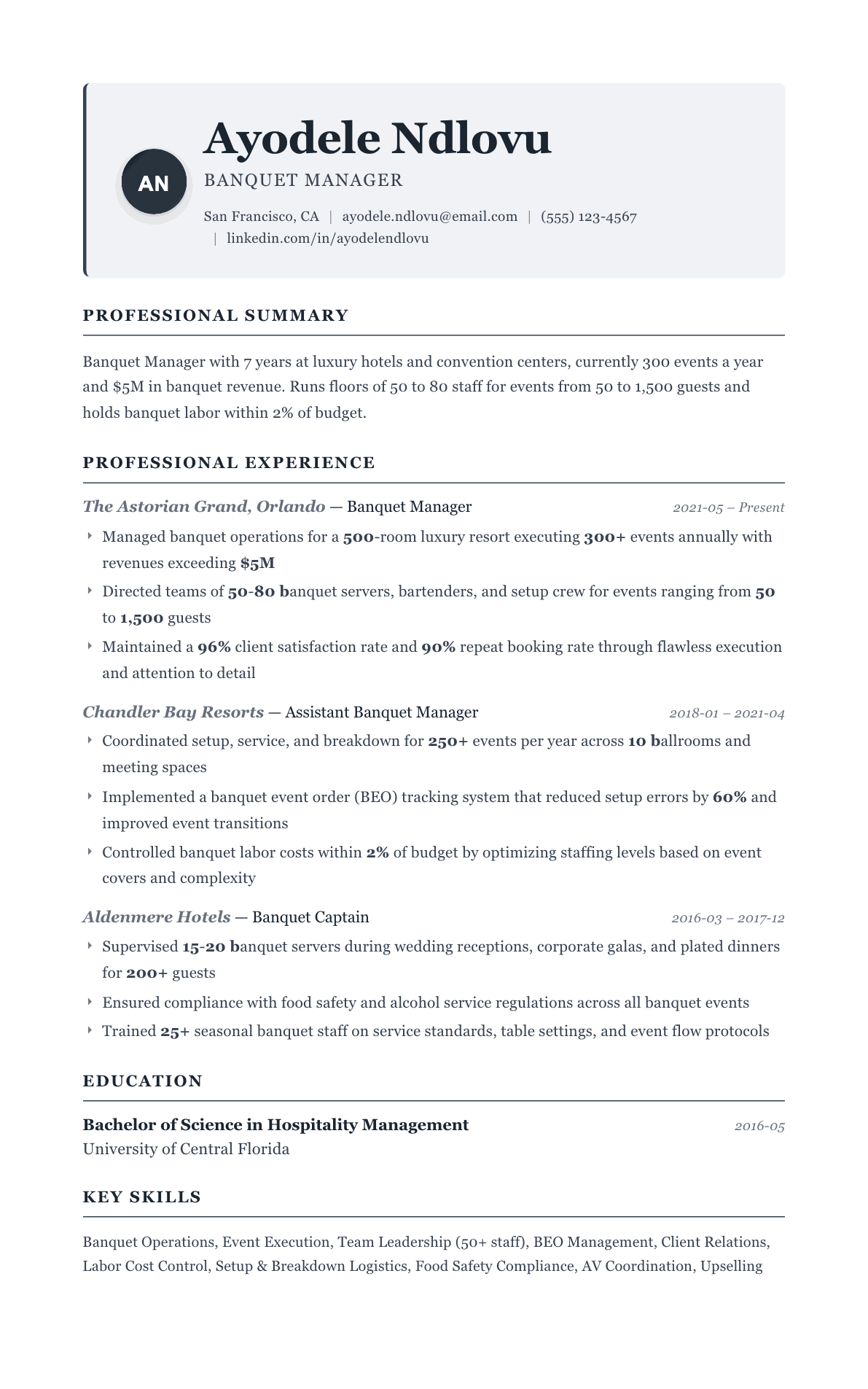 Banquet Manager resume example, Traditional template