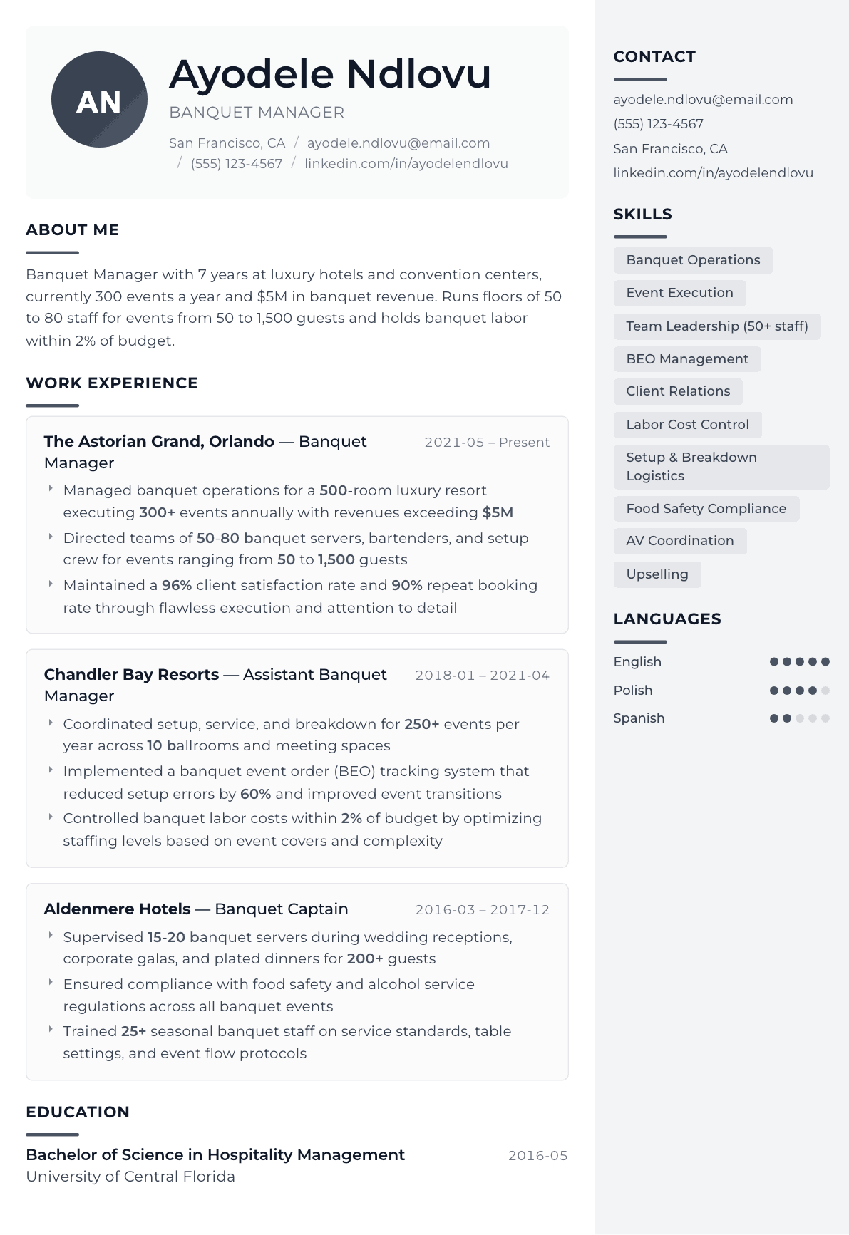 Banquet Manager resume example, Metropolitan template