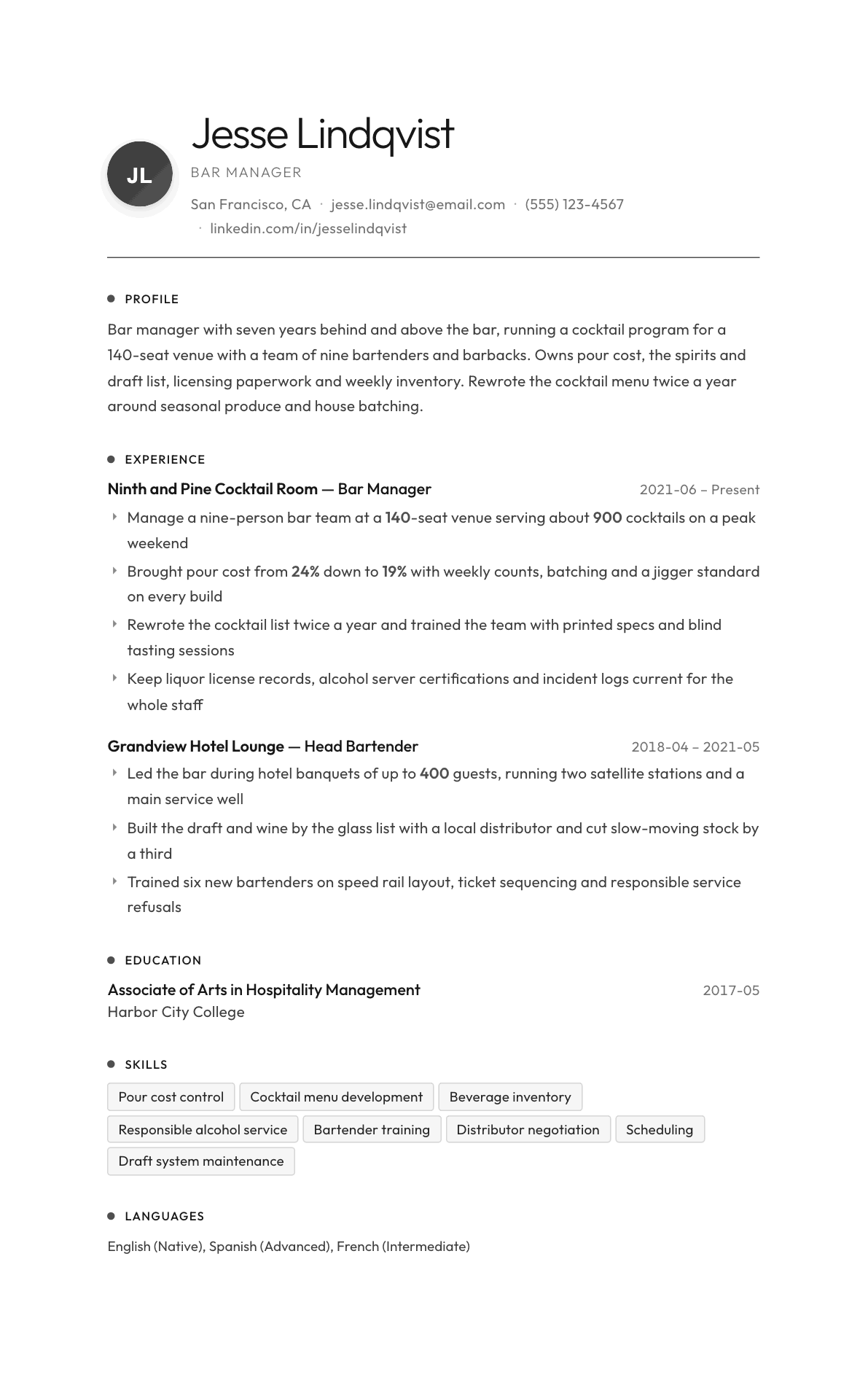 Bar Manager resume example, Flux template