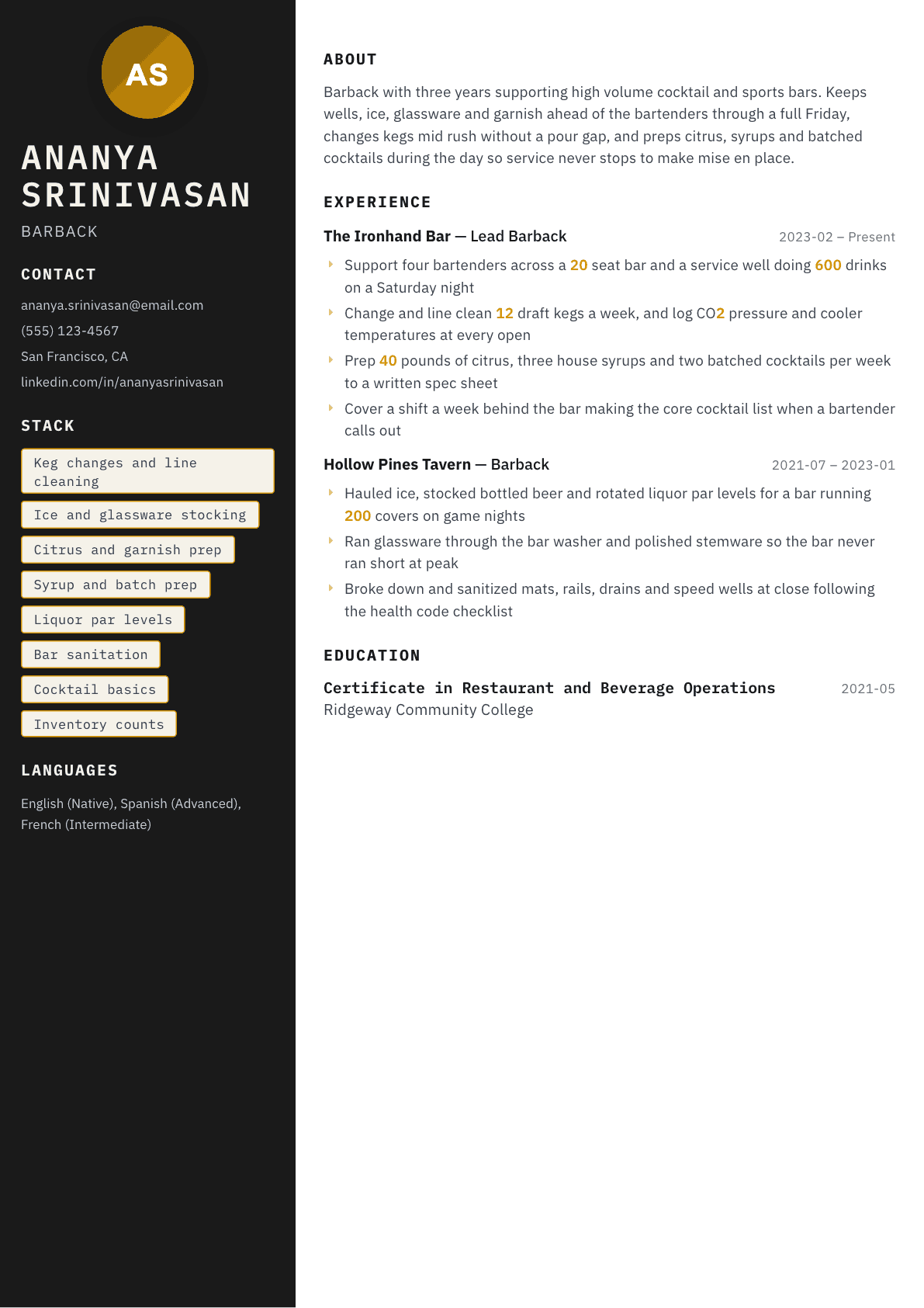 Barback resume example, Neon template