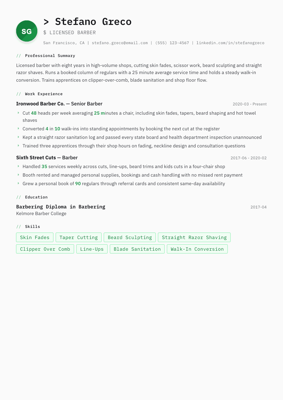 Barber resume example, Amsterdam template