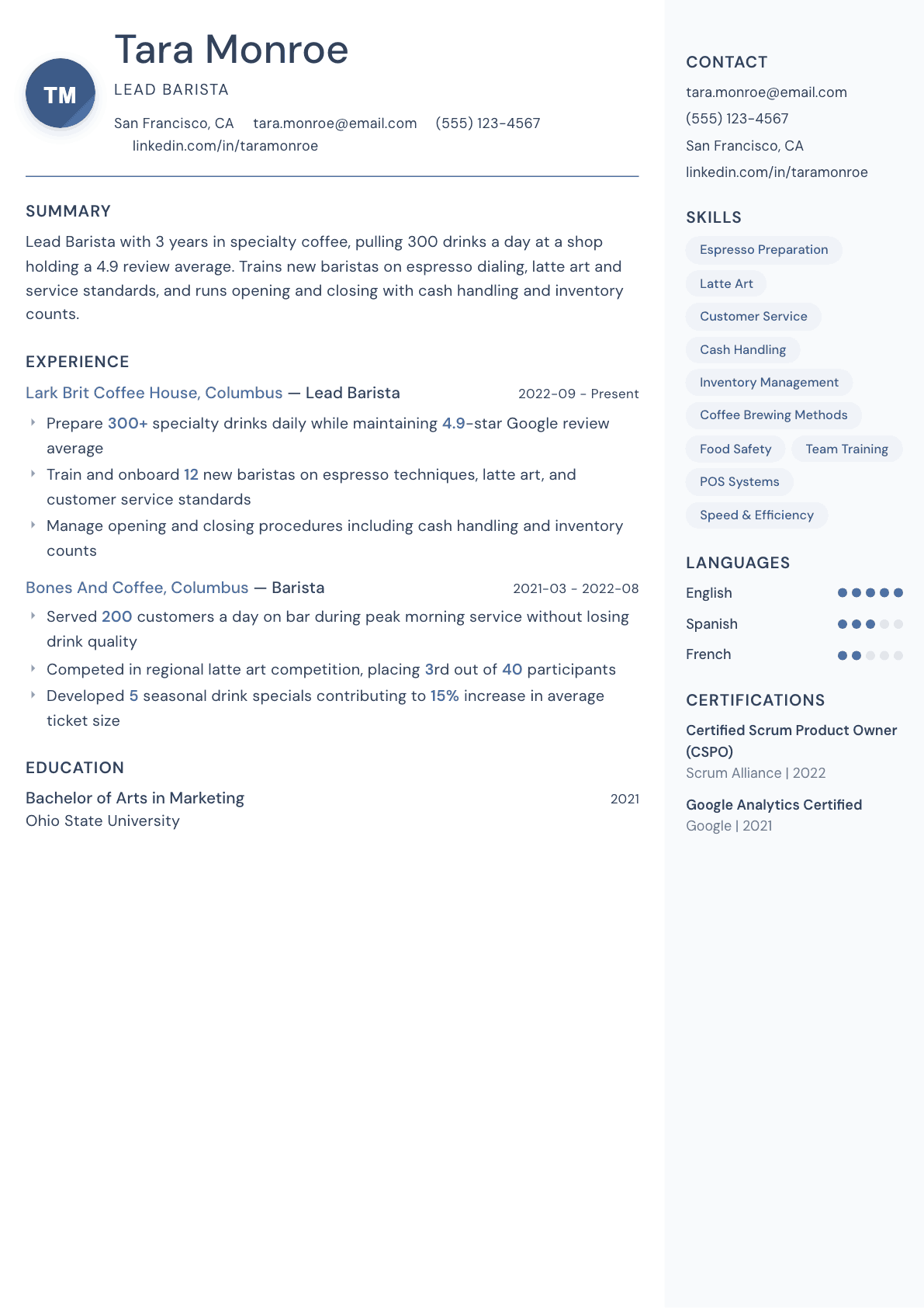 Barista resume example, Kernel template