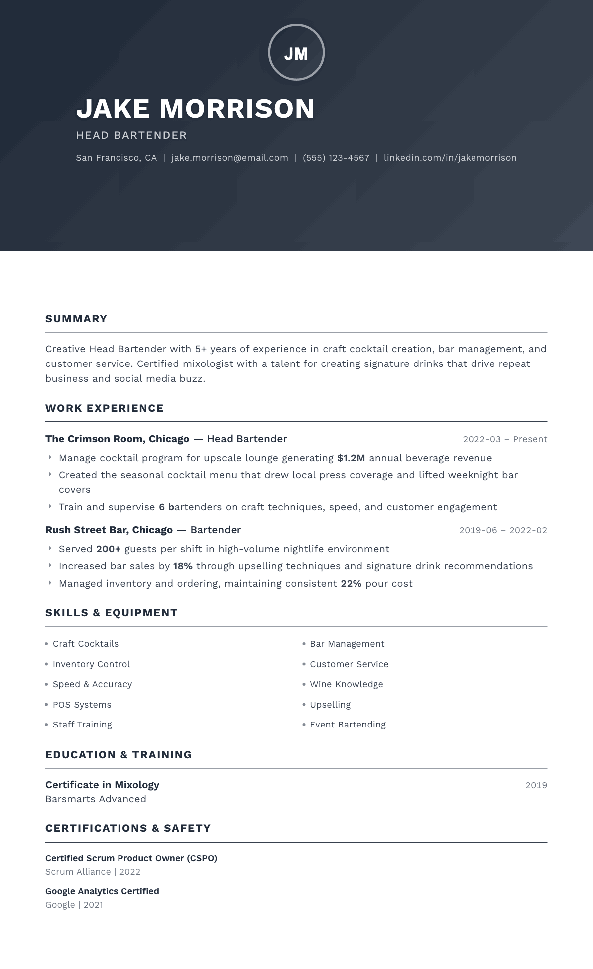 Bartender resume example, Foundation template