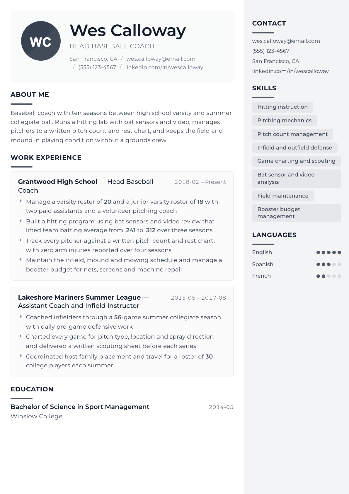 Baseball Coach resume example, Metropolitan template