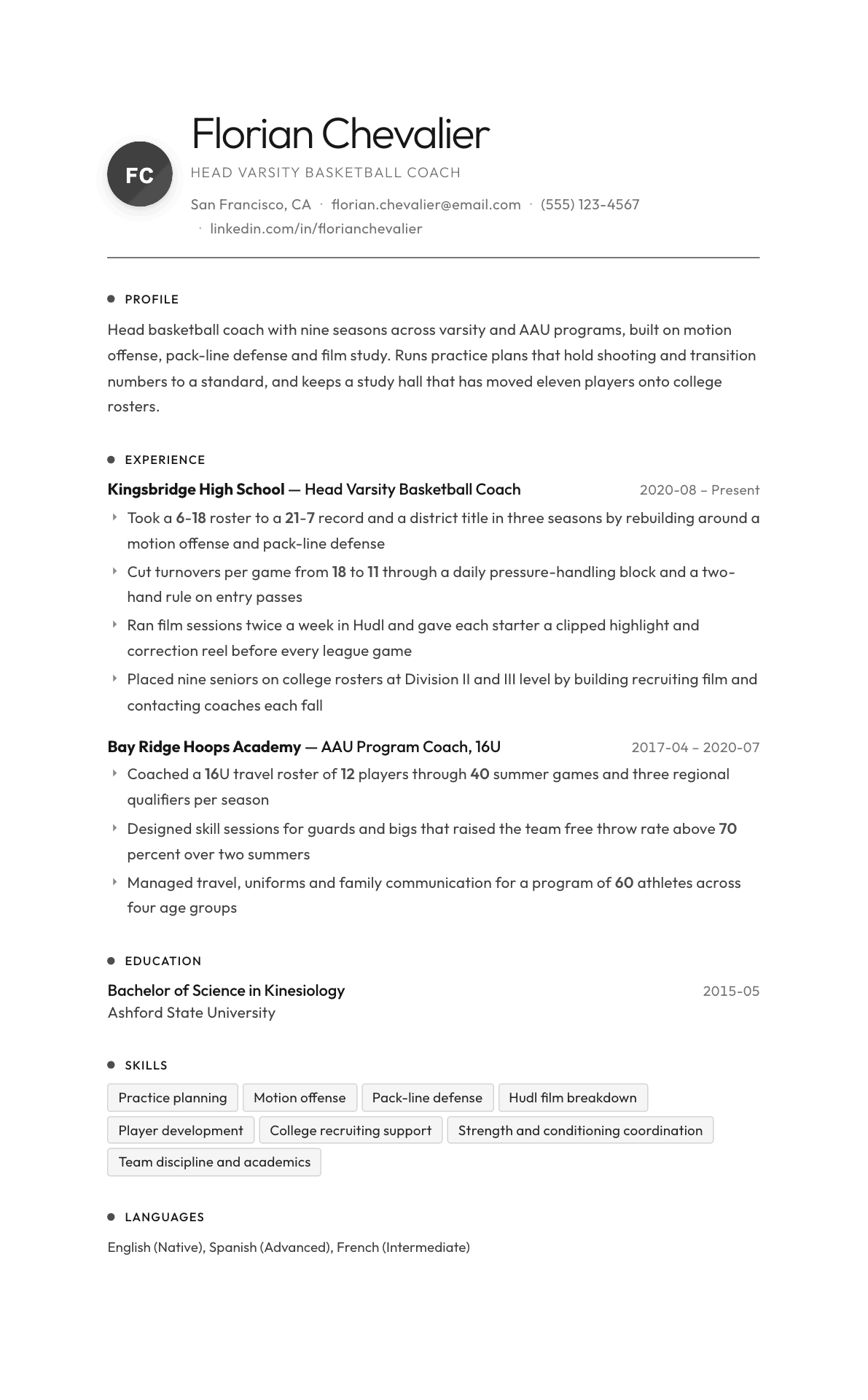 Basketball Coach resume example, Flux template
