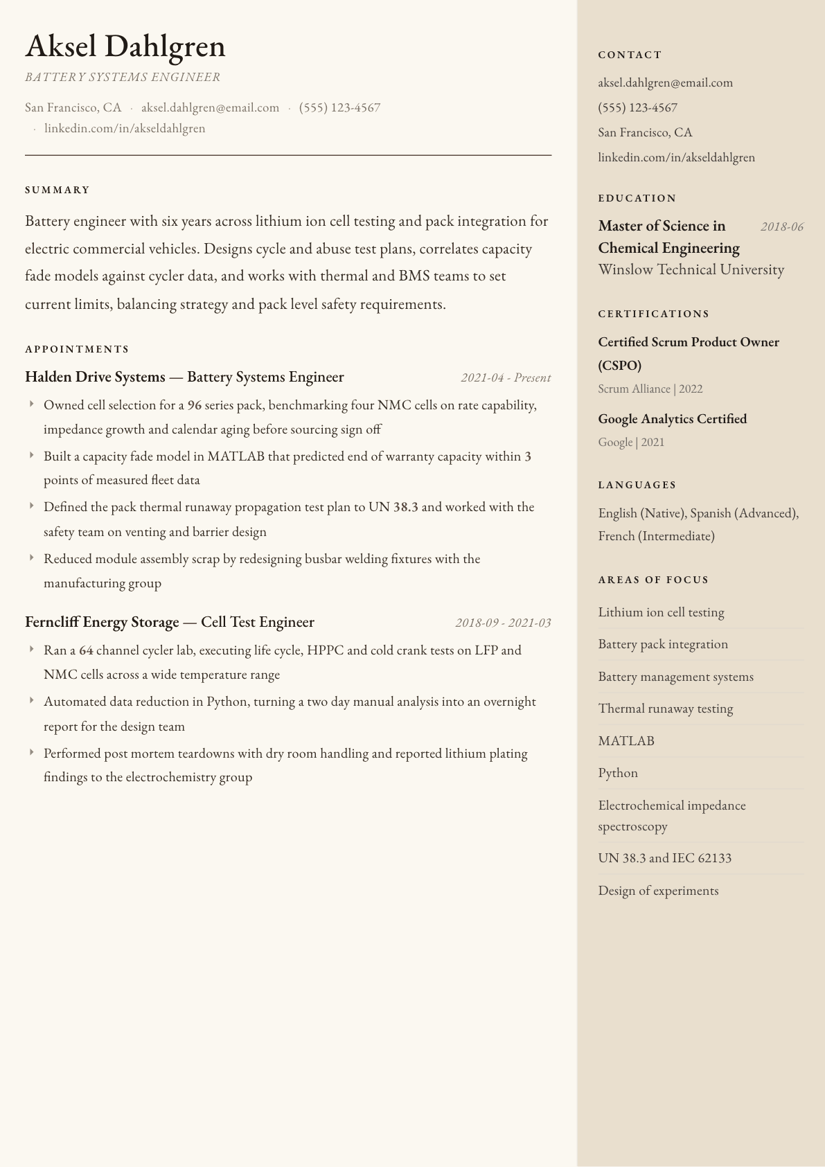 Battery Engineer resume example, Manuscript template