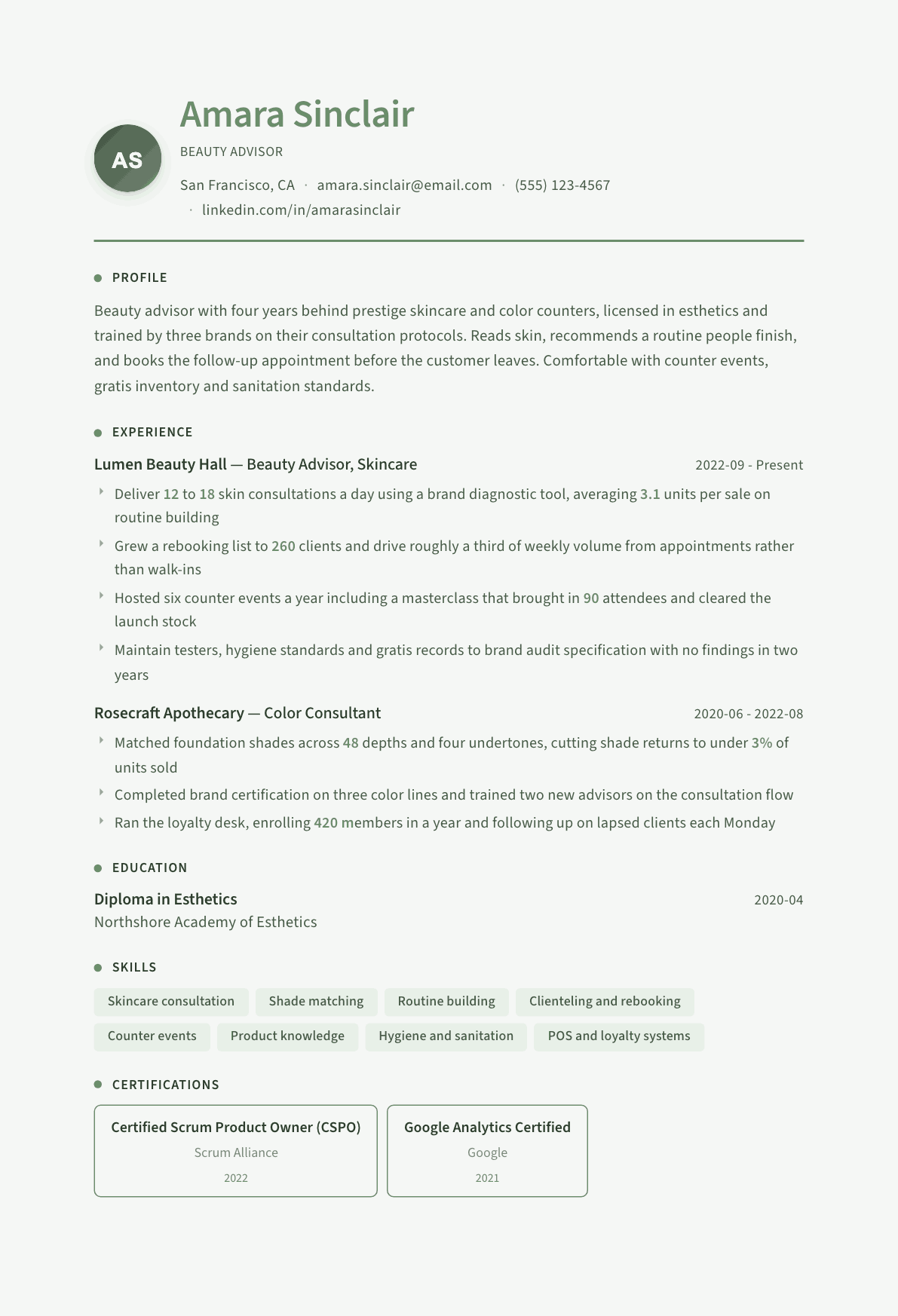Beauty Advisor resume example, Sage Garden template